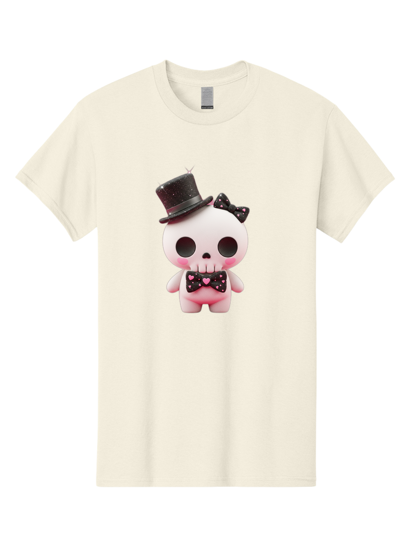 Skull-Kid Men'S Graphic Tee, 100% Cotton, Comfortable Casual Summer Wear, Machine Washable, Cute Skeleton Toy, Day Of The Dead Decoration, Sugar Skull Figurine, Black Top Hat, Bow Tie With Hearts, Pastel Colors, Quirky Collectible, Bad594