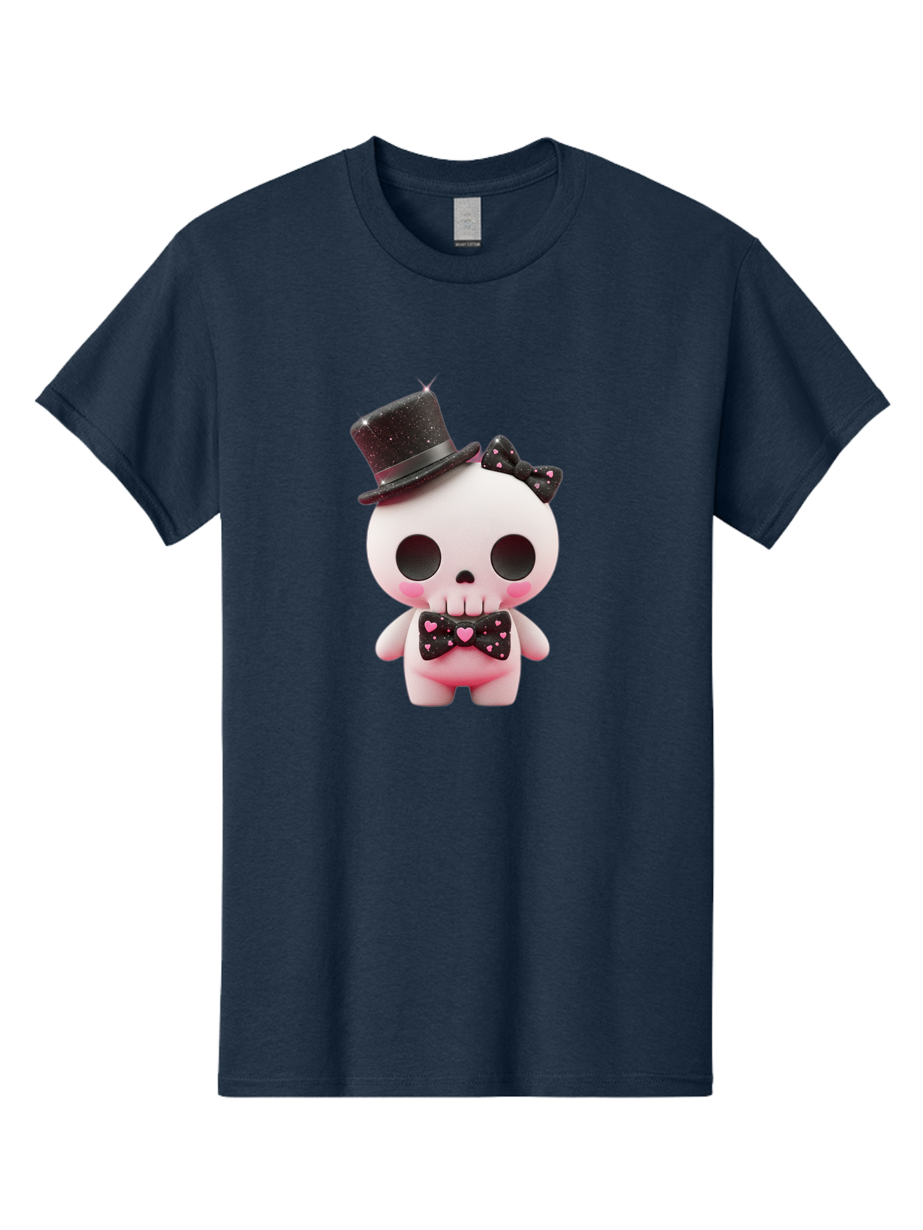 Skull-Kid Men'S Graphic Tee, 100% Cotton, Comfortable Casual Summer Wear, Machine Washable, Cute Skeleton Toy, Day Of The Dead Decoration, Sugar Skull Figurine, Black Top Hat, Bow Tie With Hearts, Pastel Colors, Quirky Collectible, Bad594
