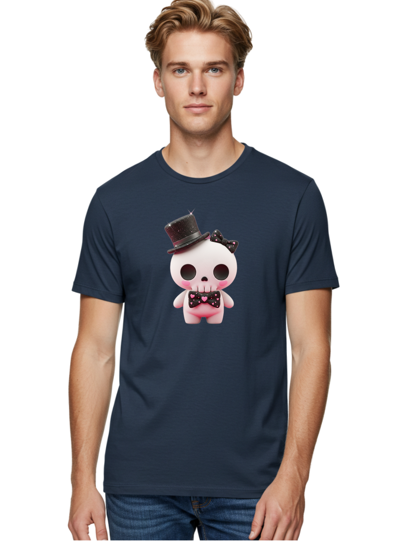 Skull-Kid Men'S Graphic Tee, 100% Cotton, Comfortable Casual Summer Wear, Machine Washable, Cute Skeleton Toy, Day Of The Dead Decoration, Sugar Skull Figurine, Black Top Hat, Bow Tie With Hearts, Pastel Colors, Quirky Collectible, Bad594