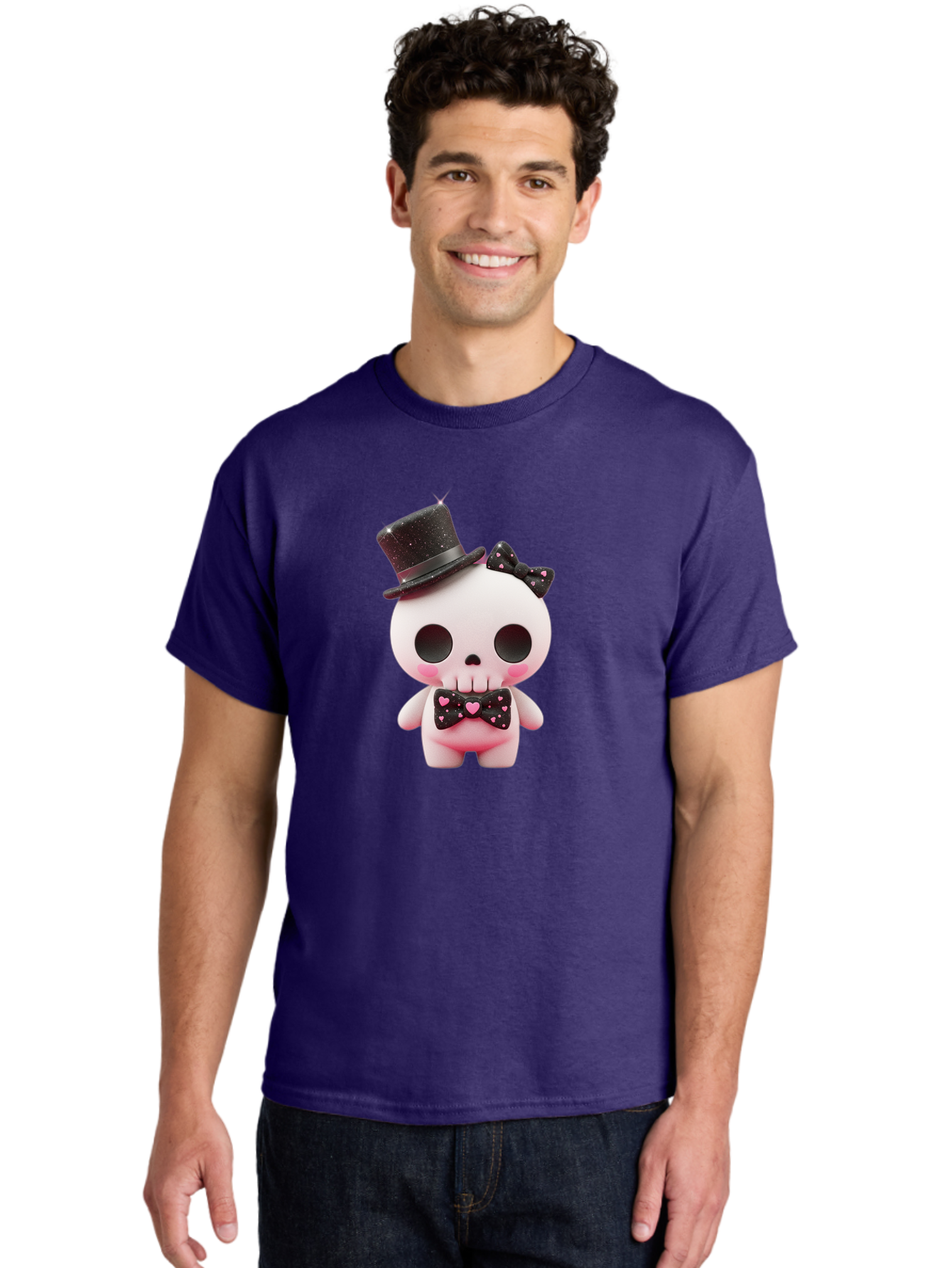 Skull-Kid Men'S Graphic Tee, 100% Cotton, Comfortable Casual Summer Wear, Machine Washable, Cute Skeleton Toy, Day Of The Dead Decoration, Sugar Skull Figurine, Black Top Hat, Bow Tie With Hearts, Pastel Colors, Quirky Collectible, Bad594