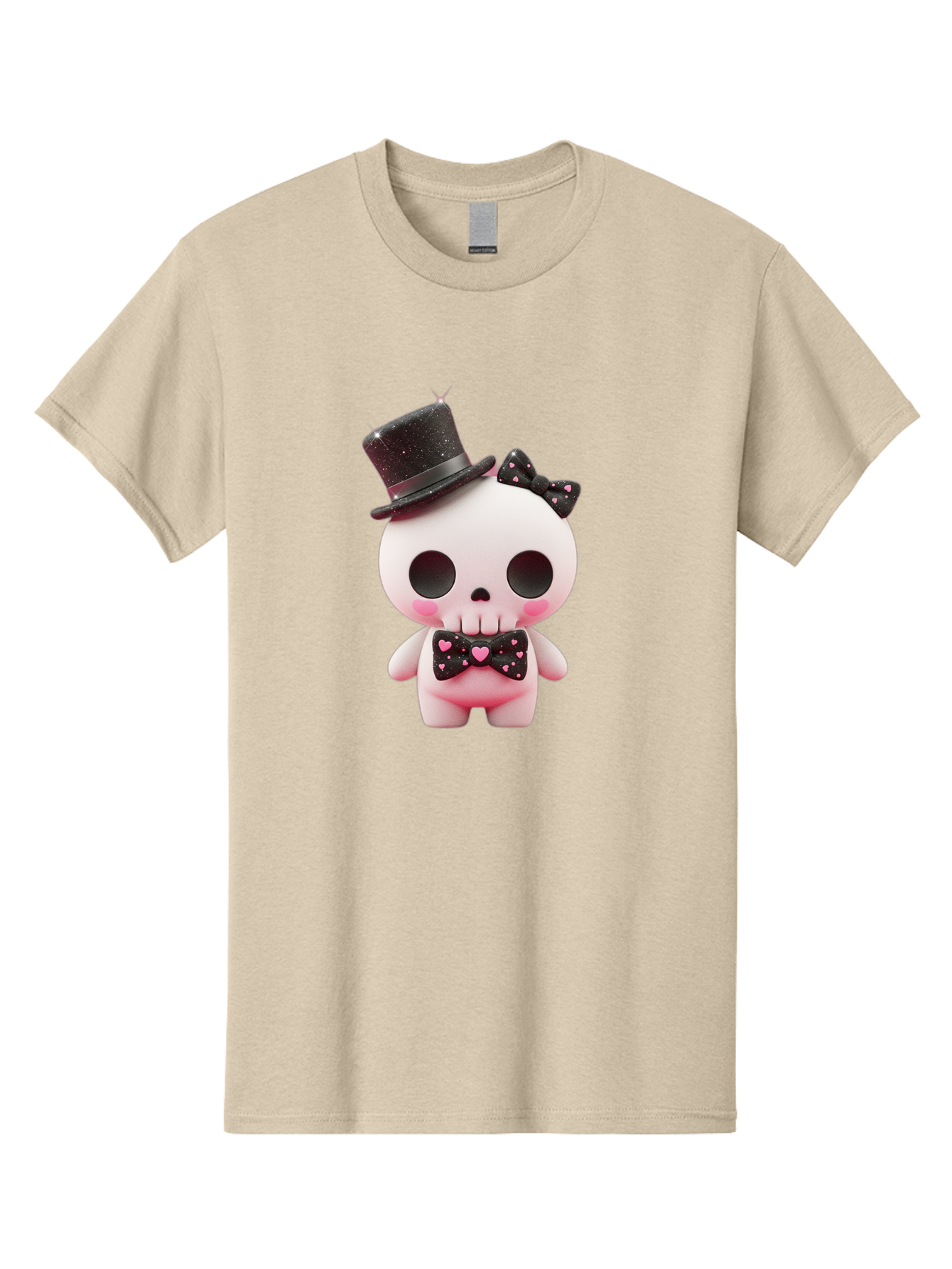 Skull-Kid Men'S Graphic Tee, 100% Cotton, Comfortable Casual Summer Wear, Machine Washable, Cute Skeleton Toy, Day Of The Dead Decoration, Sugar Skull Figurine, Black Top Hat, Bow Tie With Hearts, Pastel Colors, Quirky Collectible, Bad594