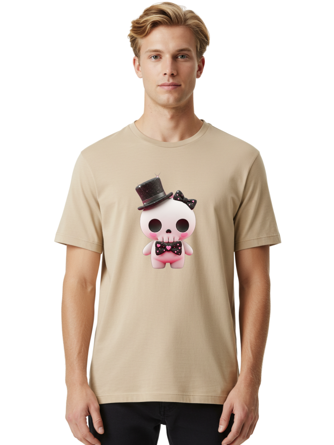Skull-Kid Men'S Graphic Tee, 100% Cotton, Comfortable Casual Summer Wear, Machine Washable, Cute Skeleton Toy, Day Of The Dead Decoration, Sugar Skull Figurine, Black Top Hat, Bow Tie With Hearts, Pastel Colors, Quirky Collectible, Bad594