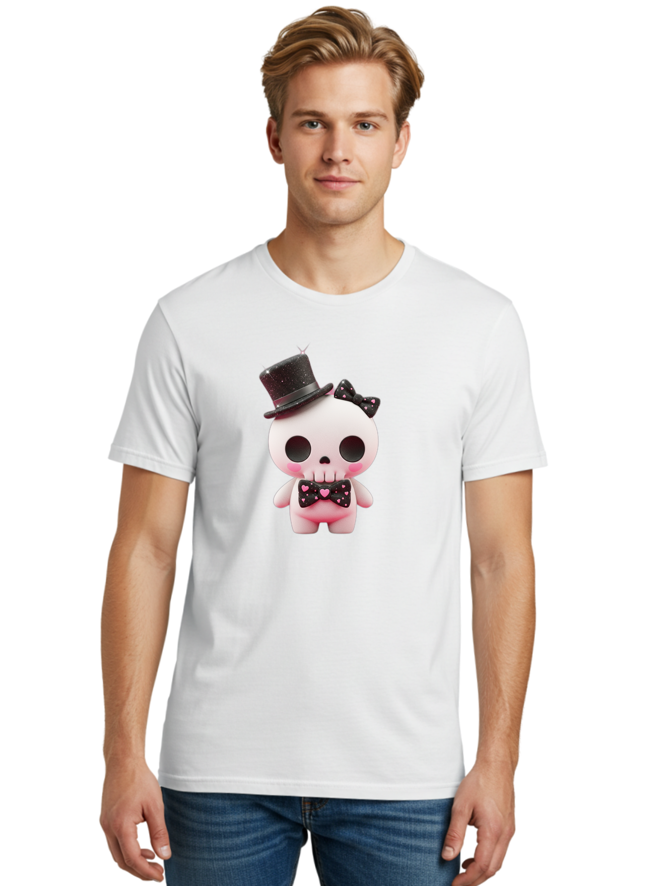 Skull-Kid Men'S Graphic Tee, 100% Cotton, Comfortable Casual Summer Wear, Machine Washable, Cute Skeleton Toy, Day Of The Dead Decoration, Sugar Skull Figurine, Black Top Hat, Bow Tie With Hearts, Pastel Colors, Quirky Collectible, Bad594