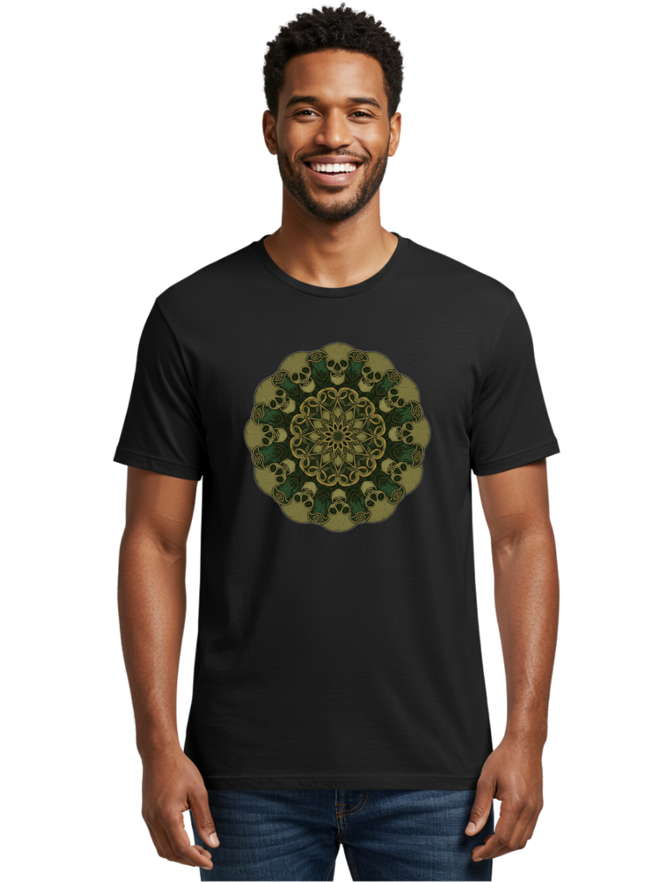 Skull-Mandala-1 Men'S Graphic Tee, 100% Cotton, Comfortable Casual Summer Wear, Machine Washable, Skull Mandala, Intricate Design, Mystic Symbols, Gothic Art, Skulls, Mandala Pattern, Mystical Imagery, Symbolic Art, Dark Mysticism Bad595