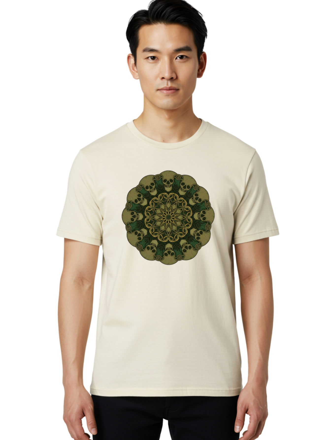 Skull-Mandala-1 Men'S Graphic Tee, 100% Cotton, Comfortable Casual Summer Wear, Machine Washable, Skull Mandala, Intricate Design, Mystic Symbols, Gothic Art, Skulls, Mandala Pattern, Mystical Imagery, Symbolic Art, Dark Mysticism Bad595
