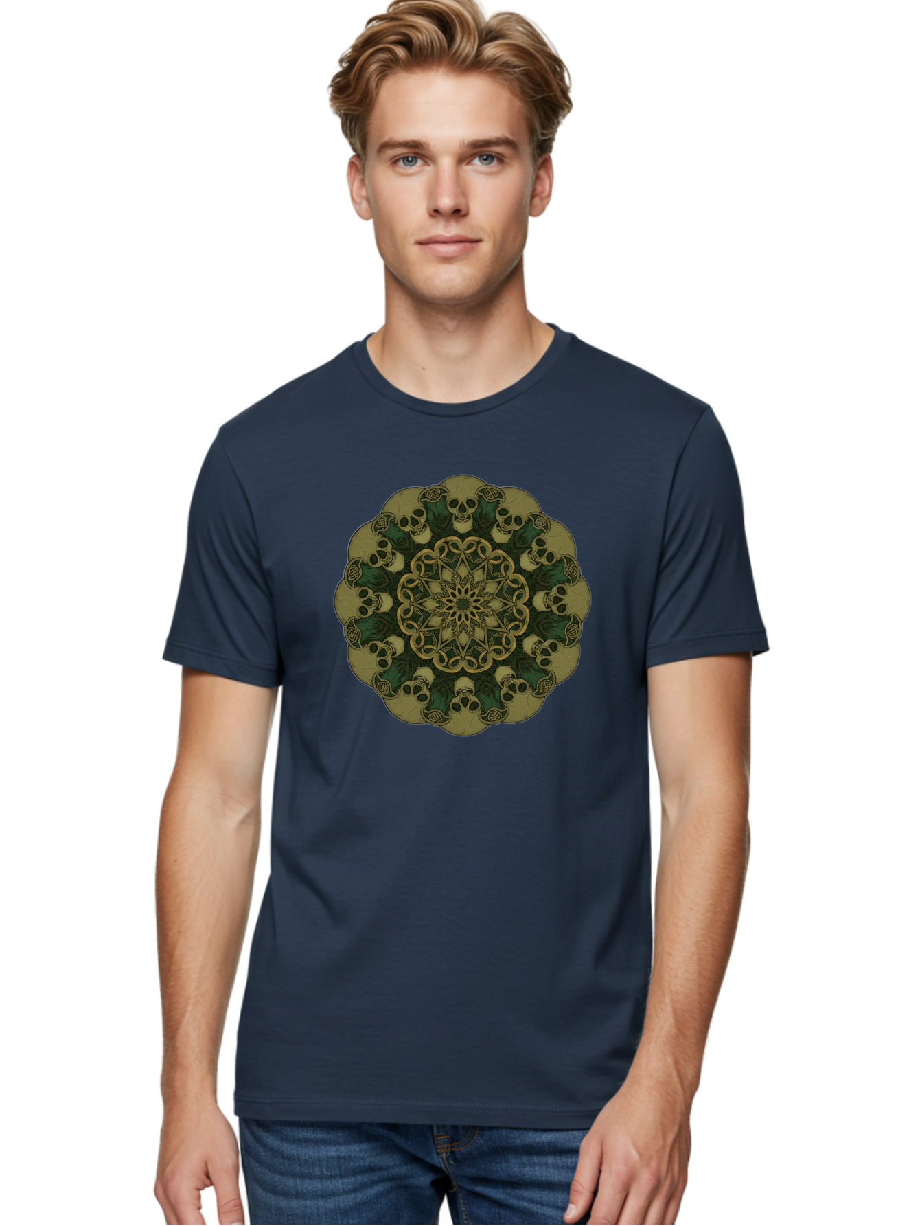 Skull-Mandala-1 Men'S Graphic Tee, 100% Cotton, Comfortable Casual Summer Wear, Machine Washable, Skull Mandala, Intricate Design, Mystic Symbols, Gothic Art, Skulls, Mandala Pattern, Mystical Imagery, Symbolic Art, Dark Mysticism Bad595