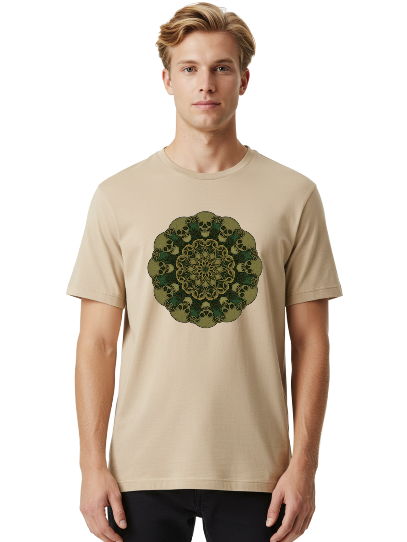 Skull-Mandala-1 Men'S Graphic Tee, 100% Cotton, Comfortable Casual Summer Wear, Machine Washable, Skull Mandala, Intricate Design, Mystic Symbols, Gothic Art, Skulls, Mandala Pattern, Mystical Imagery, Symbolic Art, Dark Mysticism Bad595