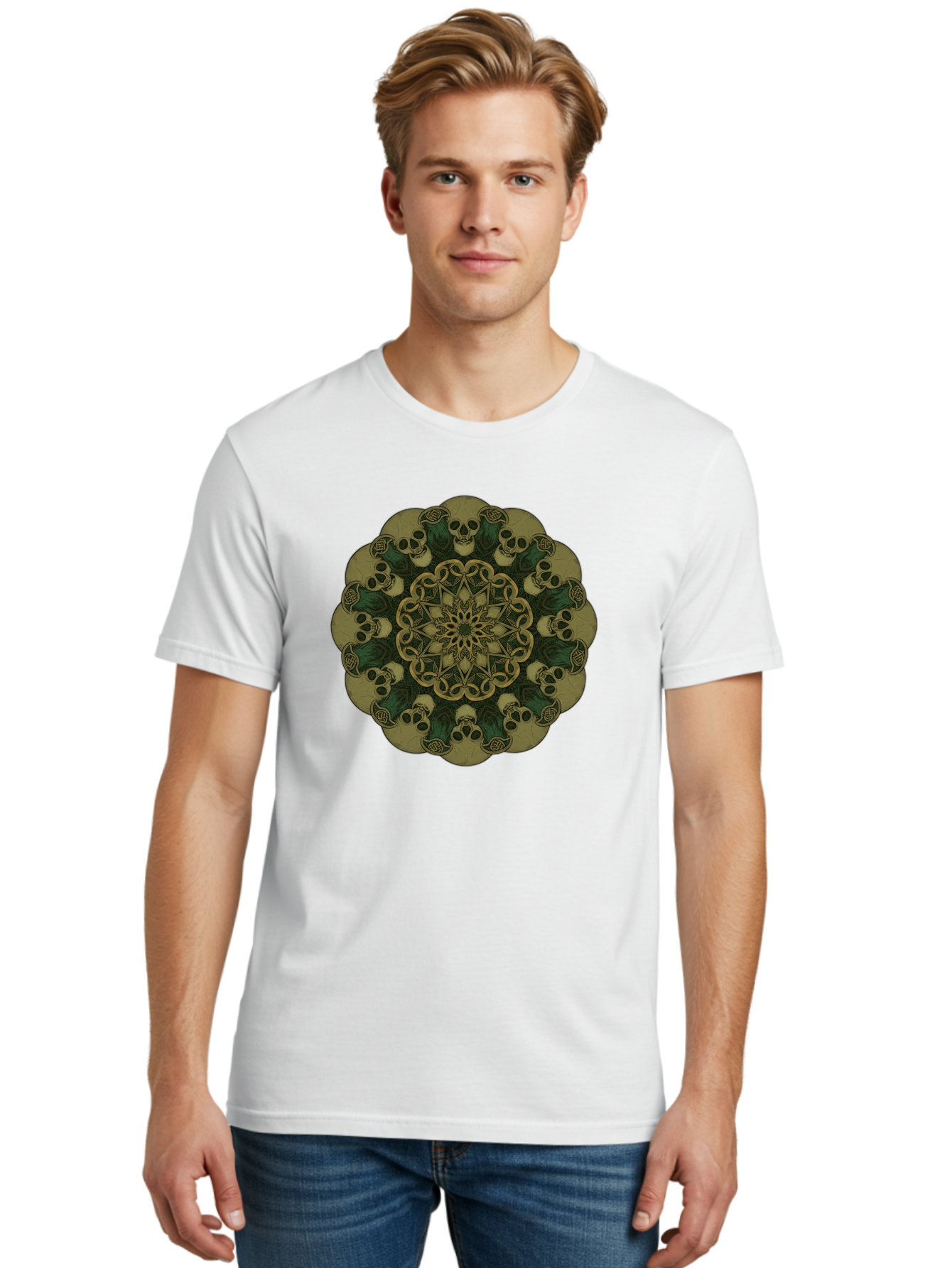Skull-Mandala-1 Men'S Graphic Tee, 100% Cotton, Comfortable Casual Summer Wear, Machine Washable, Skull Mandala, Intricate Design, Mystic Symbols, Gothic Art, Skulls, Mandala Pattern, Mystical Imagery, Symbolic Art, Dark Mysticism Bad595