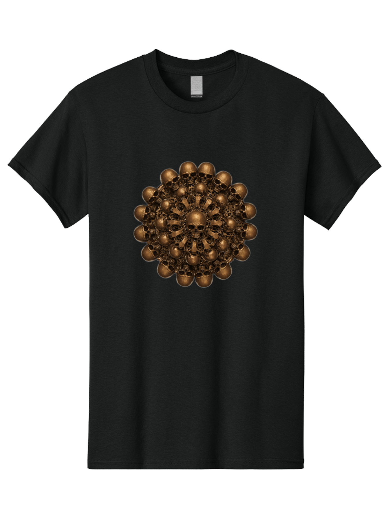 Skull-Mandala-2 Men'S Graphic Tee, 100% Cotton, Comfortable Casual Summer Wear, Machine Washable, Mandala Design, Skull Art, Bronze Skulls, Intricate Pattern, Symmetrical Composition, Dark Art, Gothic Decor, Skull Motif, Mystical Symbolism Bad596