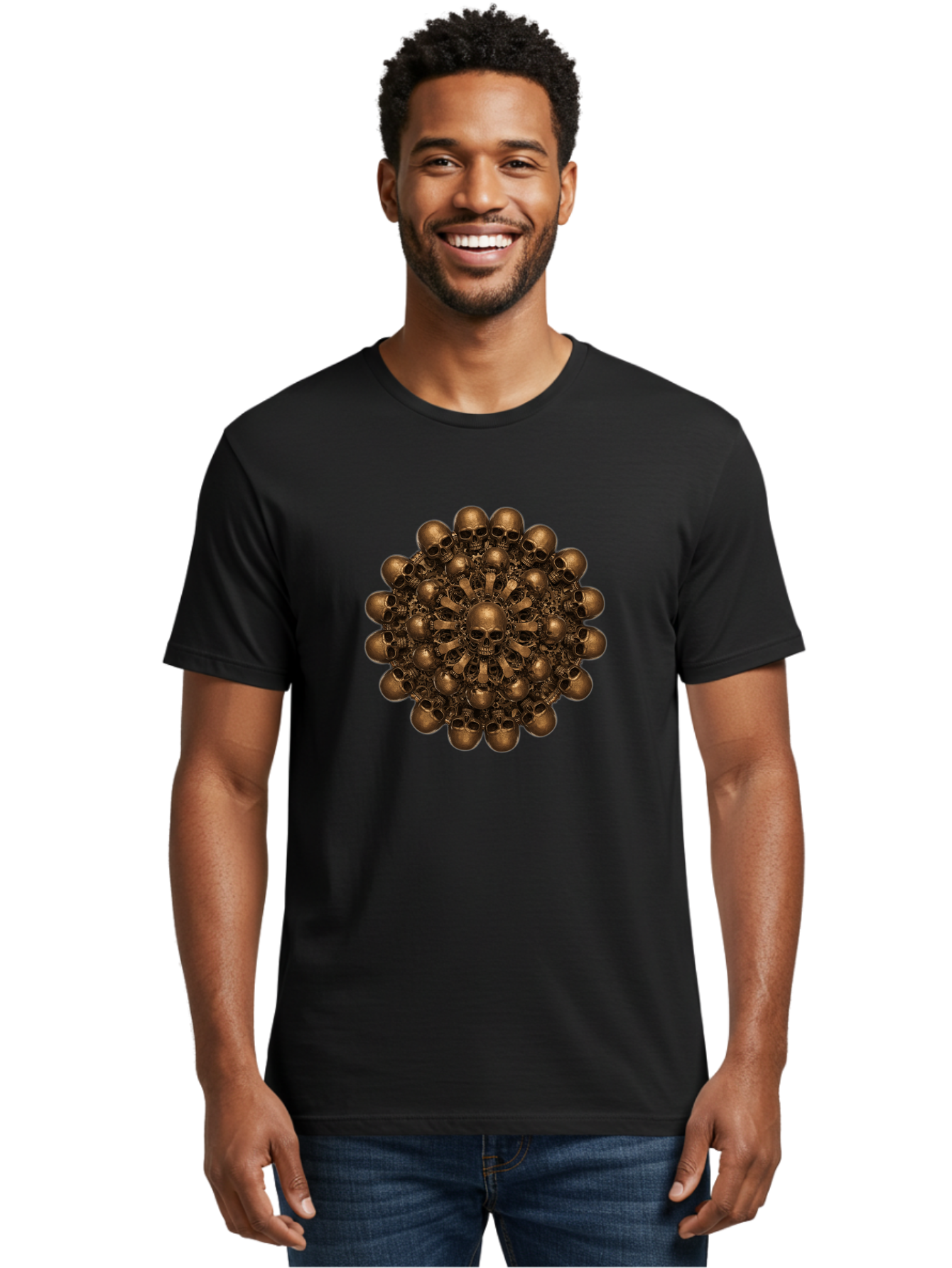 Skull-Mandala-2 Men'S Graphic Tee, 100% Cotton, Comfortable Casual Summer Wear, Machine Washable, Mandala Design, Skull Art, Bronze Skulls, Intricate Pattern, Symmetrical Composition, Dark Art, Gothic Decor, Skull Motif, Mystical Symbolism Bad596