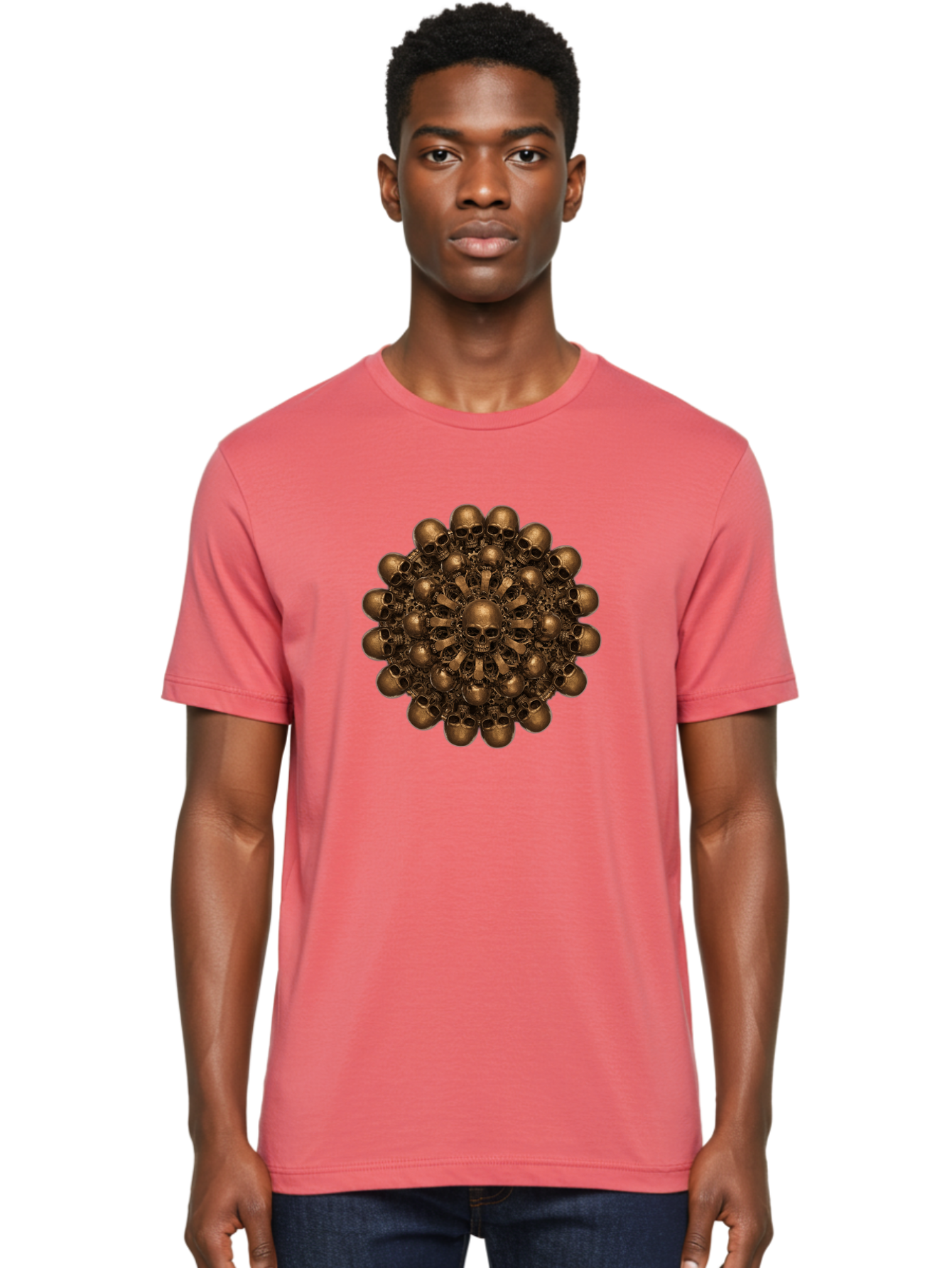 Skull-Mandala-2 Men'S Graphic Tee, 100% Cotton, Comfortable Casual Summer Wear, Machine Washable, Mandala Design, Skull Art, Bronze Skulls, Intricate Pattern, Symmetrical Composition, Dark Art, Gothic Decor, Skull Motif, Mystical Symbolism Bad596