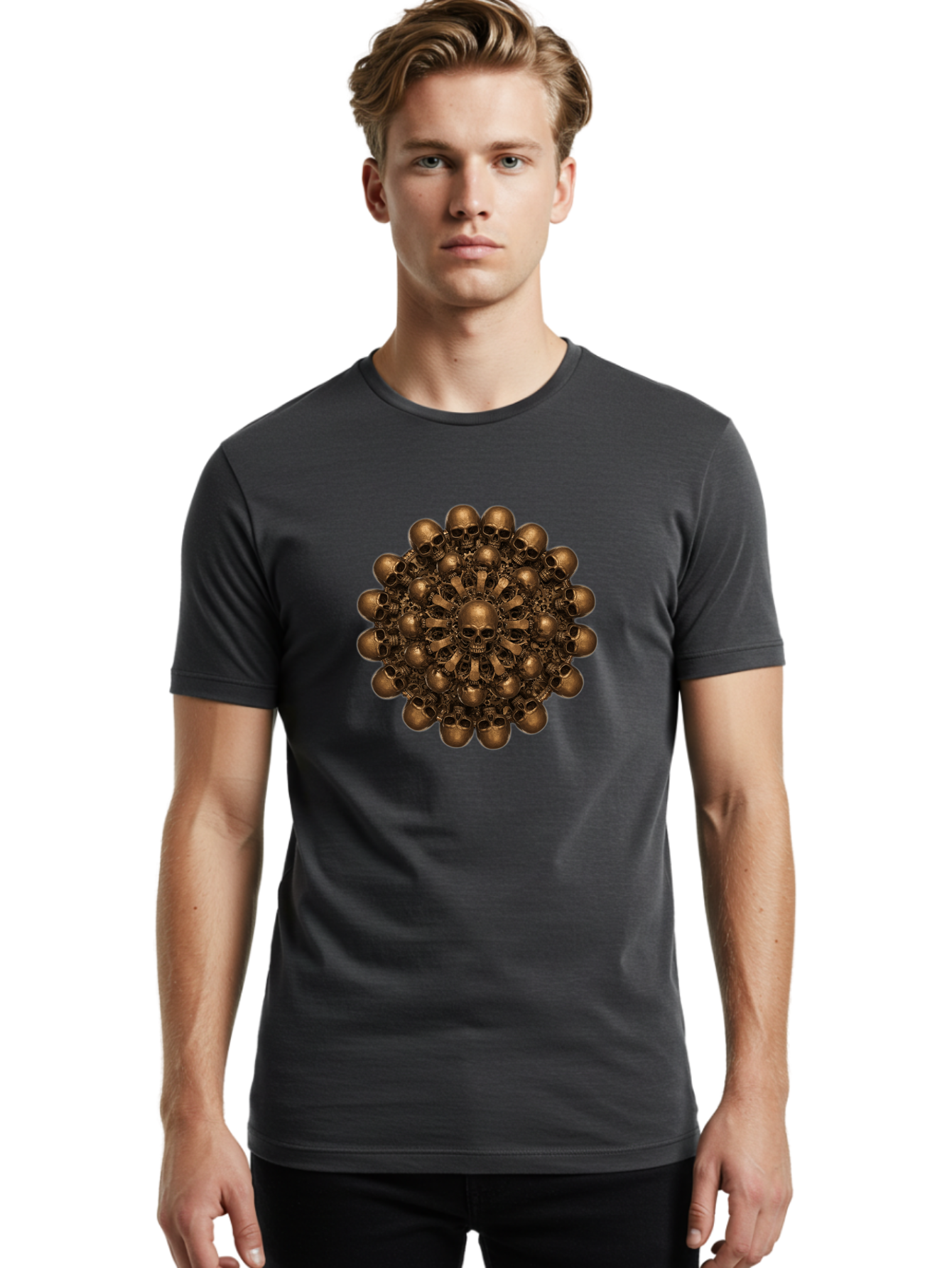 Skull-Mandala-2 Men'S Graphic Tee, 100% Cotton, Comfortable Casual Summer Wear, Machine Washable, Mandala Design, Skull Art, Bronze Skulls, Intricate Pattern, Symmetrical Composition, Dark Art, Gothic Decor, Skull Motif, Mystical Symbolism Bad596