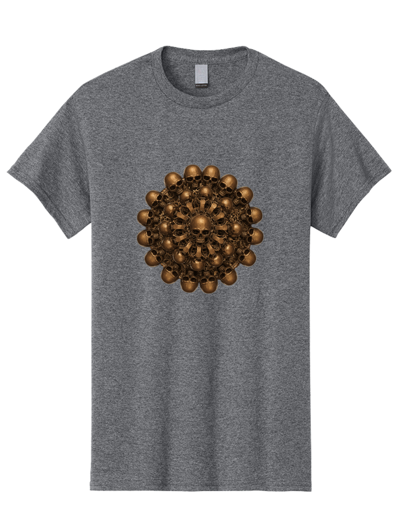 Skull-Mandala-2 Men'S Graphic Tee, 100% Cotton, Comfortable Casual Summer Wear, Machine Washable, Mandala Design, Skull Art, Bronze Skulls, Intricate Pattern, Symmetrical Composition, Dark Art, Gothic Decor, Skull Motif, Mystical Symbolism Bad596