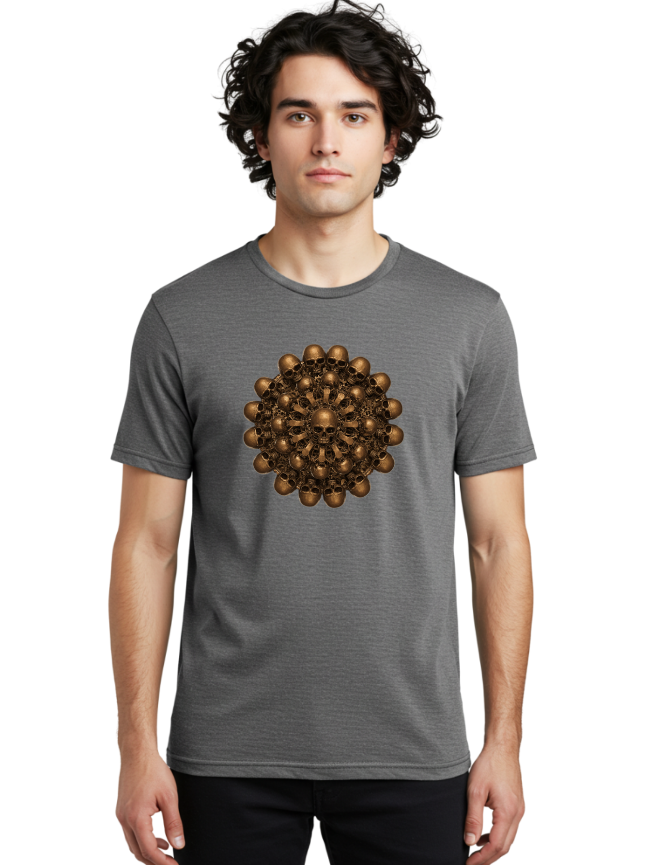 Skull-Mandala-2 Men'S Graphic Tee, 100% Cotton, Comfortable Casual Summer Wear, Machine Washable, Mandala Design, Skull Art, Bronze Skulls, Intricate Pattern, Symmetrical Composition, Dark Art, Gothic Decor, Skull Motif, Mystical Symbolism Bad596