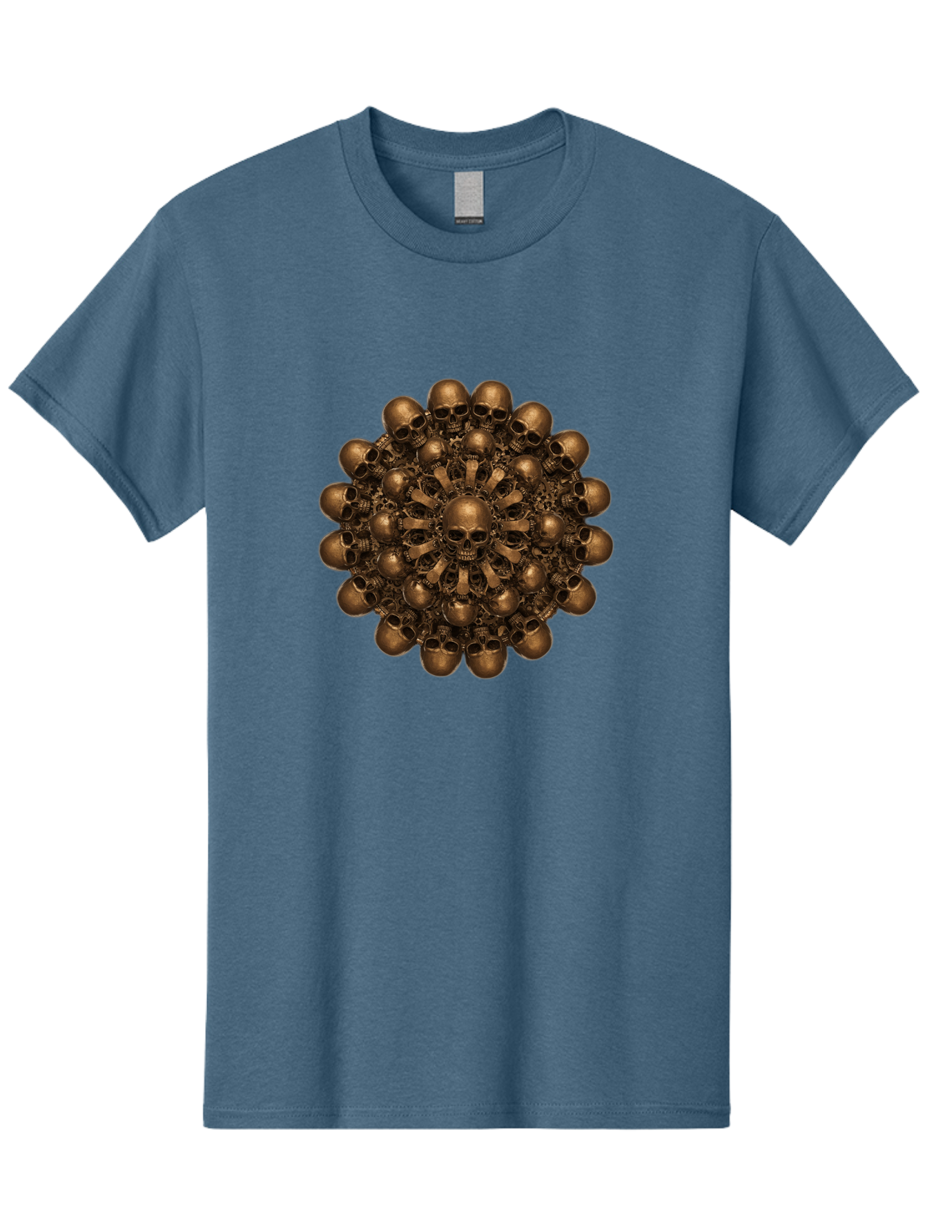 Skull-Mandala-2 Men'S Graphic Tee, 100% Cotton, Comfortable Casual Summer Wear, Machine Washable, Mandala Design, Skull Art, Bronze Skulls, Intricate Pattern, Symmetrical Composition, Dark Art, Gothic Decor, Skull Motif, Mystical Symbolism Bad596