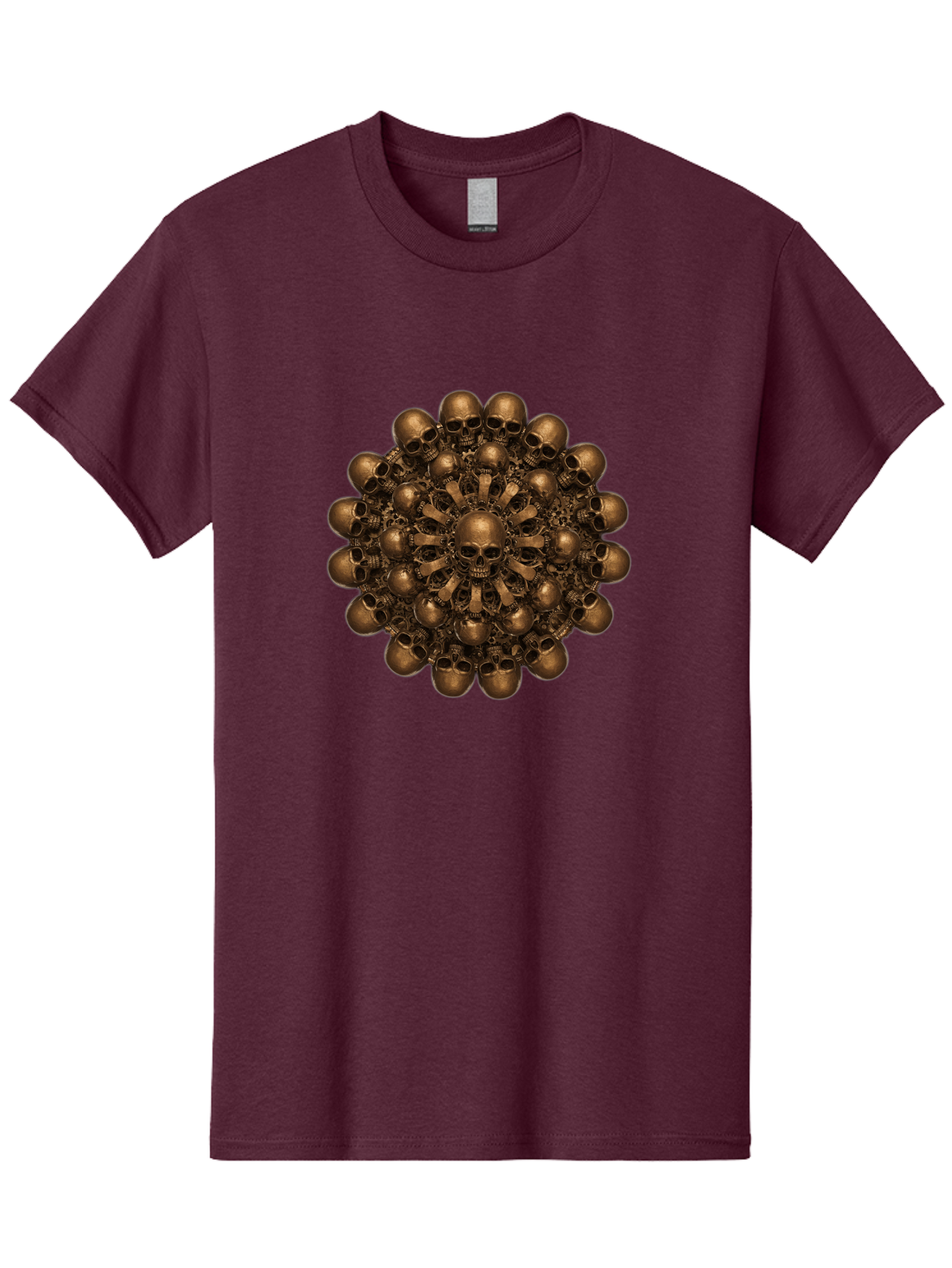 Skull-Mandala-2 Men'S Graphic Tee, 100% Cotton, Comfortable Casual Summer Wear, Machine Washable, Mandala Design, Skull Art, Bronze Skulls, Intricate Pattern, Symmetrical Composition, Dark Art, Gothic Decor, Skull Motif, Mystical Symbolism Bad596