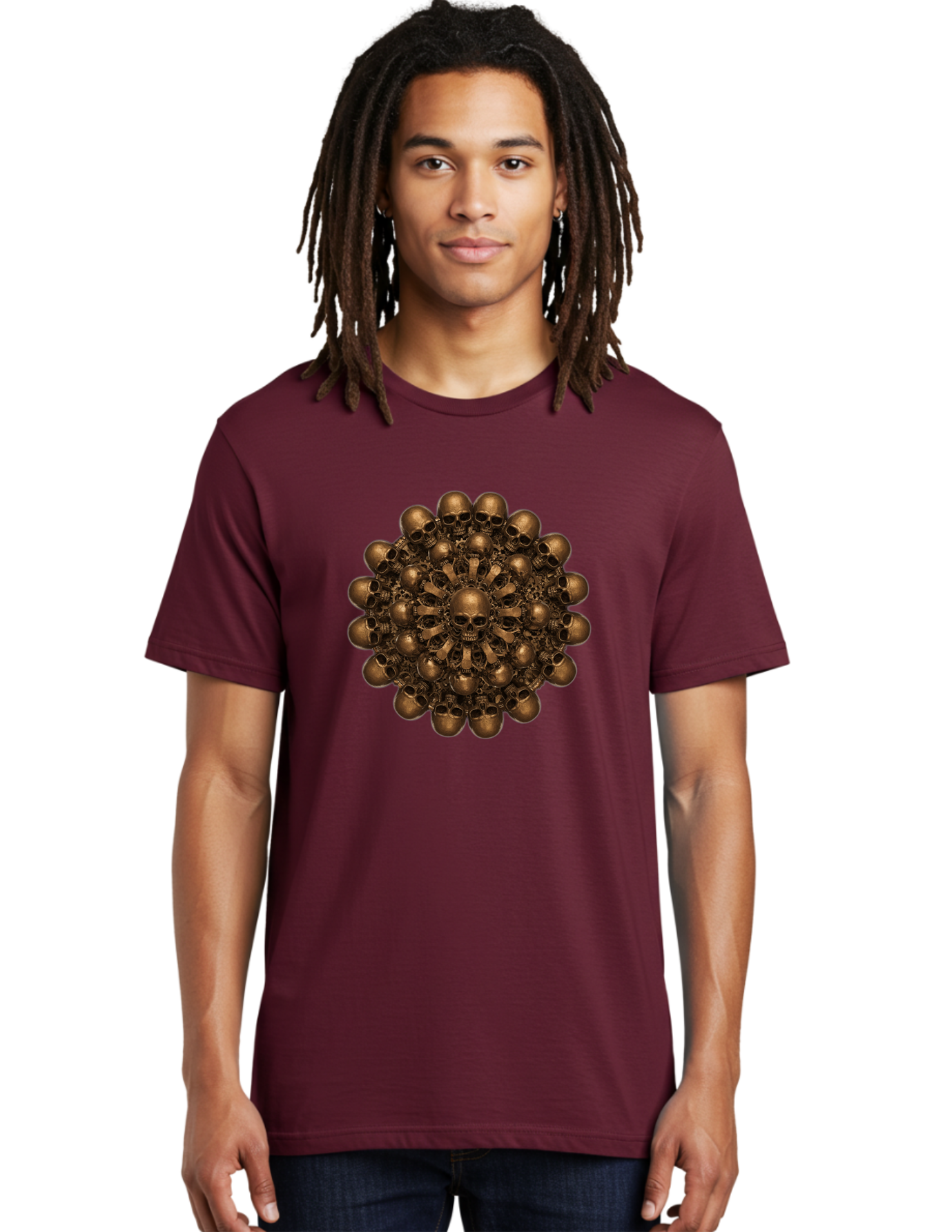 Skull-Mandala-2 Men'S Graphic Tee, 100% Cotton, Comfortable Casual Summer Wear, Machine Washable, Mandala Design, Skull Art, Bronze Skulls, Intricate Pattern, Symmetrical Composition, Dark Art, Gothic Decor, Skull Motif, Mystical Symbolism Bad596