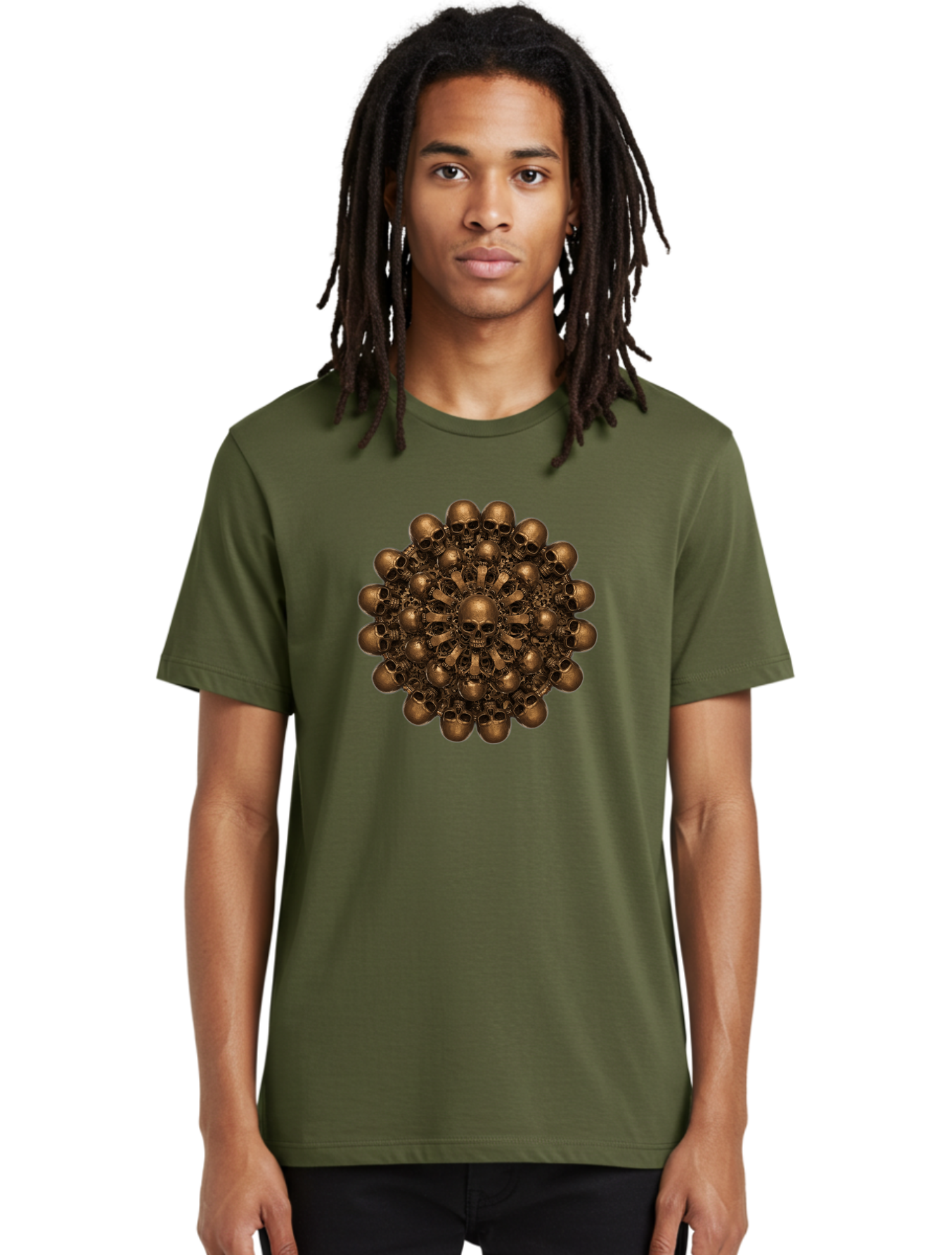 Skull-Mandala-2 Men'S Graphic Tee, 100% Cotton, Comfortable Casual Summer Wear, Machine Washable, Mandala Design, Skull Art, Bronze Skulls, Intricate Pattern, Symmetrical Composition, Dark Art, Gothic Decor, Skull Motif, Mystical Symbolism Bad596