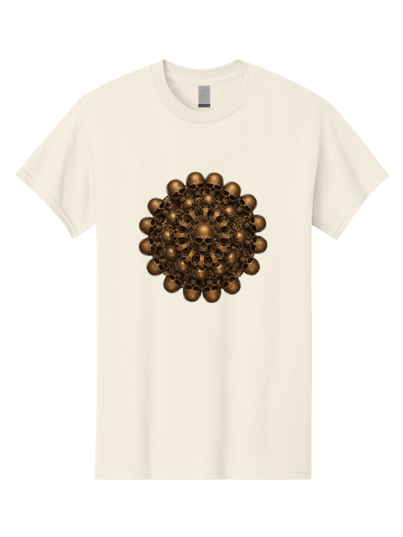 Skull-Mandala-2 Men'S Graphic Tee, 100% Cotton, Comfortable Casual Summer Wear, Machine Washable, Mandala Design, Skull Art, Bronze Skulls, Intricate Pattern, Symmetrical Composition, Dark Art, Gothic Decor, Skull Motif, Mystical Symbolism Bad596