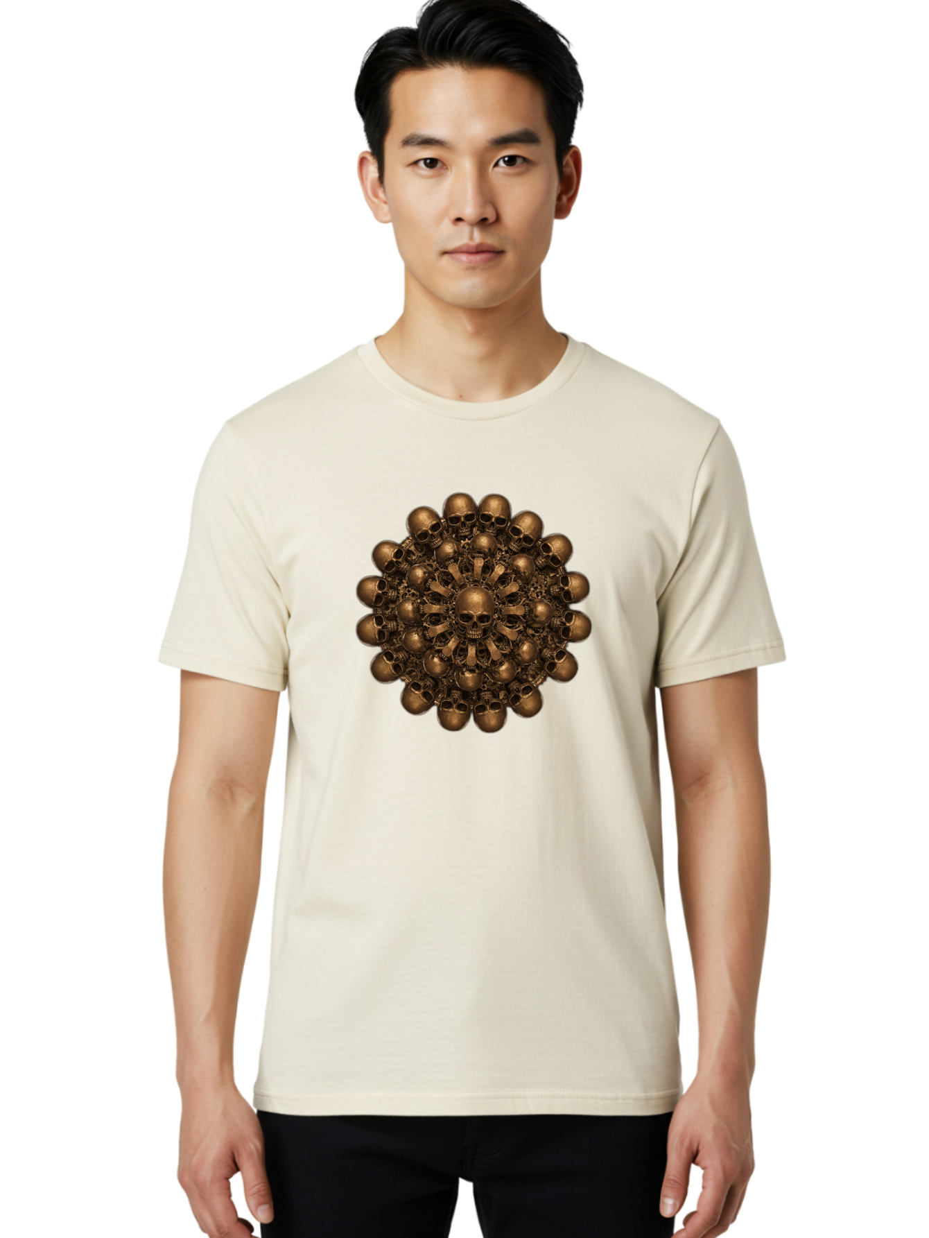 Skull-Mandala-2 Men'S Graphic Tee, 100% Cotton, Comfortable Casual Summer Wear, Machine Washable, Mandala Design, Skull Art, Bronze Skulls, Intricate Pattern, Symmetrical Composition, Dark Art, Gothic Decor, Skull Motif, Mystical Symbolism Bad596