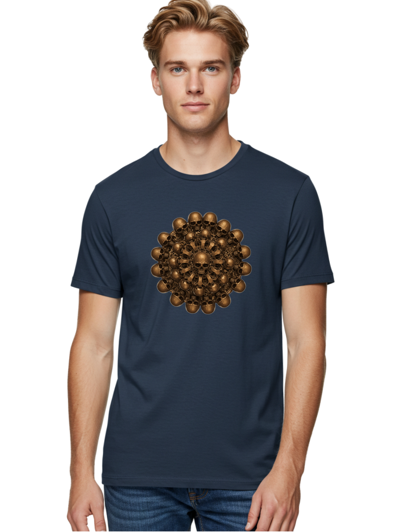 Skull-Mandala-2 Men'S Graphic Tee, 100% Cotton, Comfortable Casual Summer Wear, Machine Washable, Mandala Design, Skull Art, Bronze Skulls, Intricate Pattern, Symmetrical Composition, Dark Art, Gothic Decor, Skull Motif, Mystical Symbolism Bad596