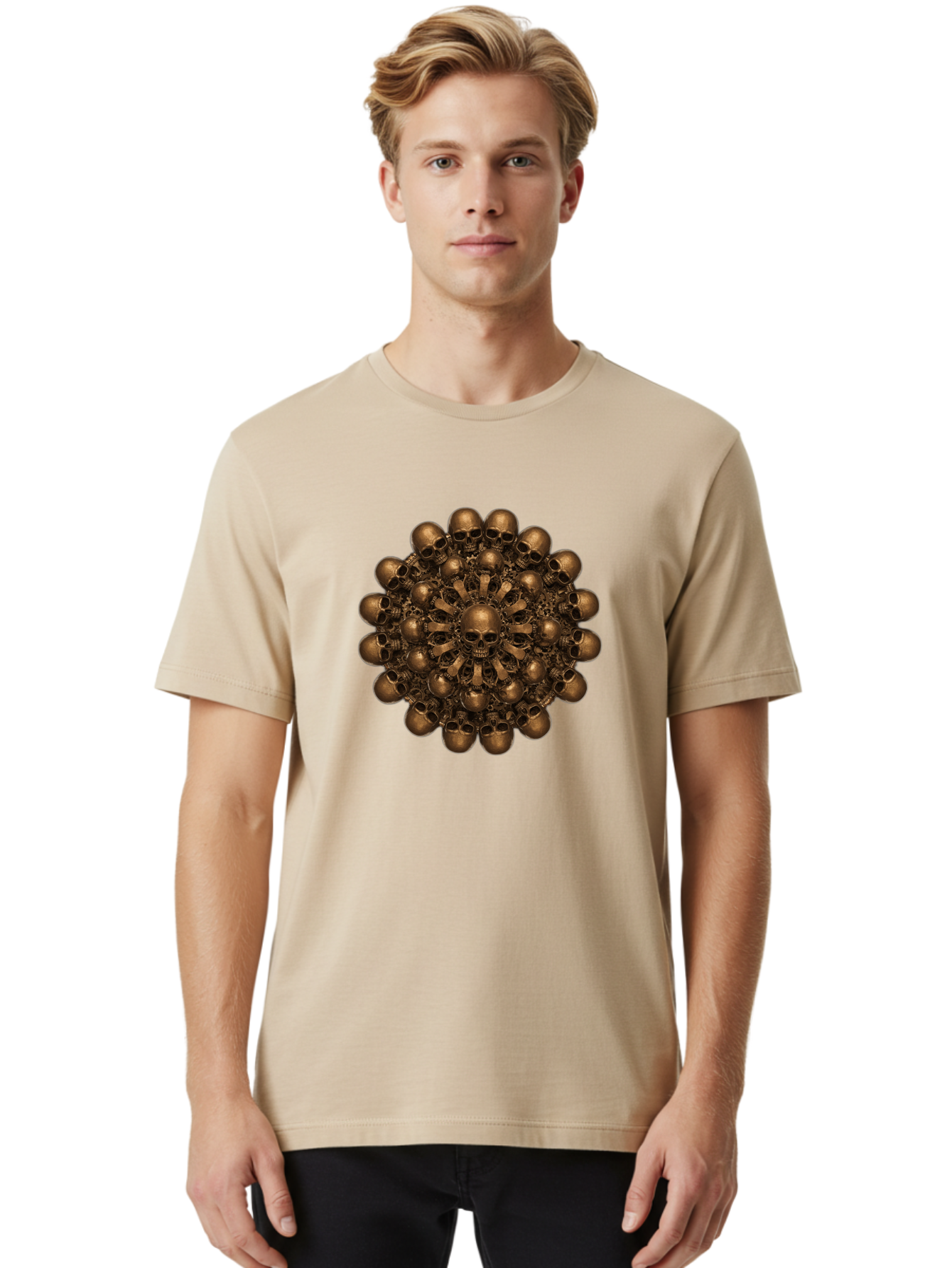 Skull-Mandala-2 Men'S Graphic Tee, 100% Cotton, Comfortable Casual Summer Wear, Machine Washable, Mandala Design, Skull Art, Bronze Skulls, Intricate Pattern, Symmetrical Composition, Dark Art, Gothic Decor, Skull Motif, Mystical Symbolism Bad596