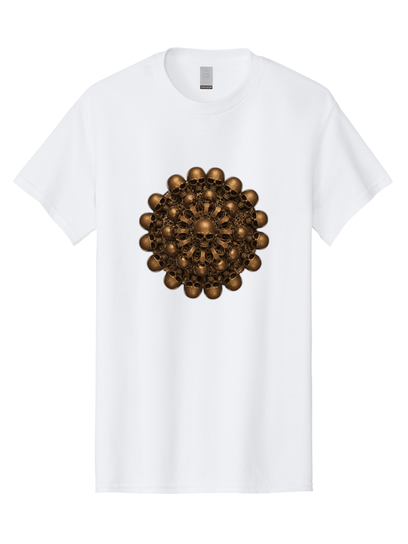 Skull-Mandala-2 Men'S Graphic Tee, 100% Cotton, Comfortable Casual Summer Wear, Machine Washable, Mandala Design, Skull Art, Bronze Skulls, Intricate Pattern, Symmetrical Composition, Dark Art, Gothic Decor, Skull Motif, Mystical Symbolism Bad596