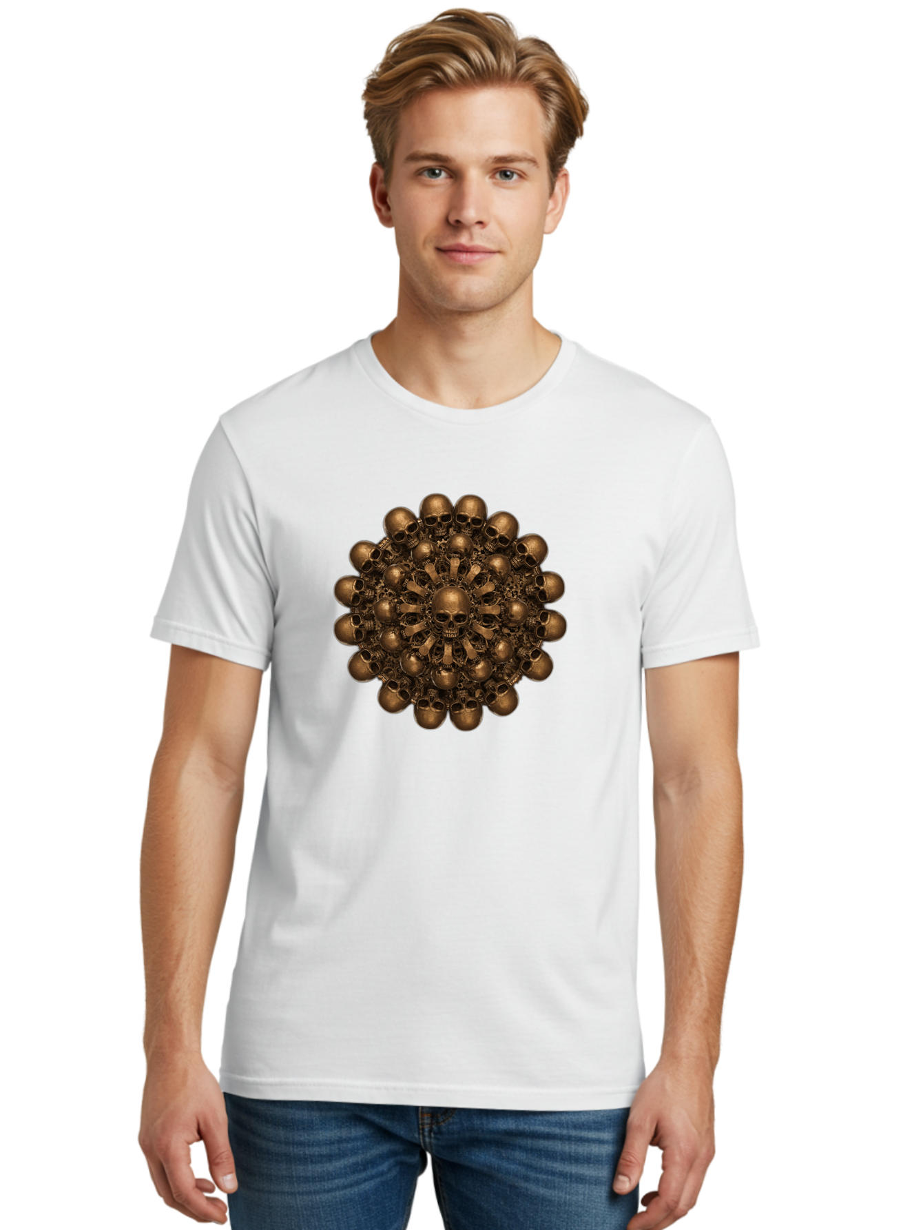 Skull-Mandala-2 Men'S Graphic Tee, 100% Cotton, Comfortable Casual Summer Wear, Machine Washable, Mandala Design, Skull Art, Bronze Skulls, Intricate Pattern, Symmetrical Composition, Dark Art, Gothic Decor, Skull Motif, Mystical Symbolism Bad596