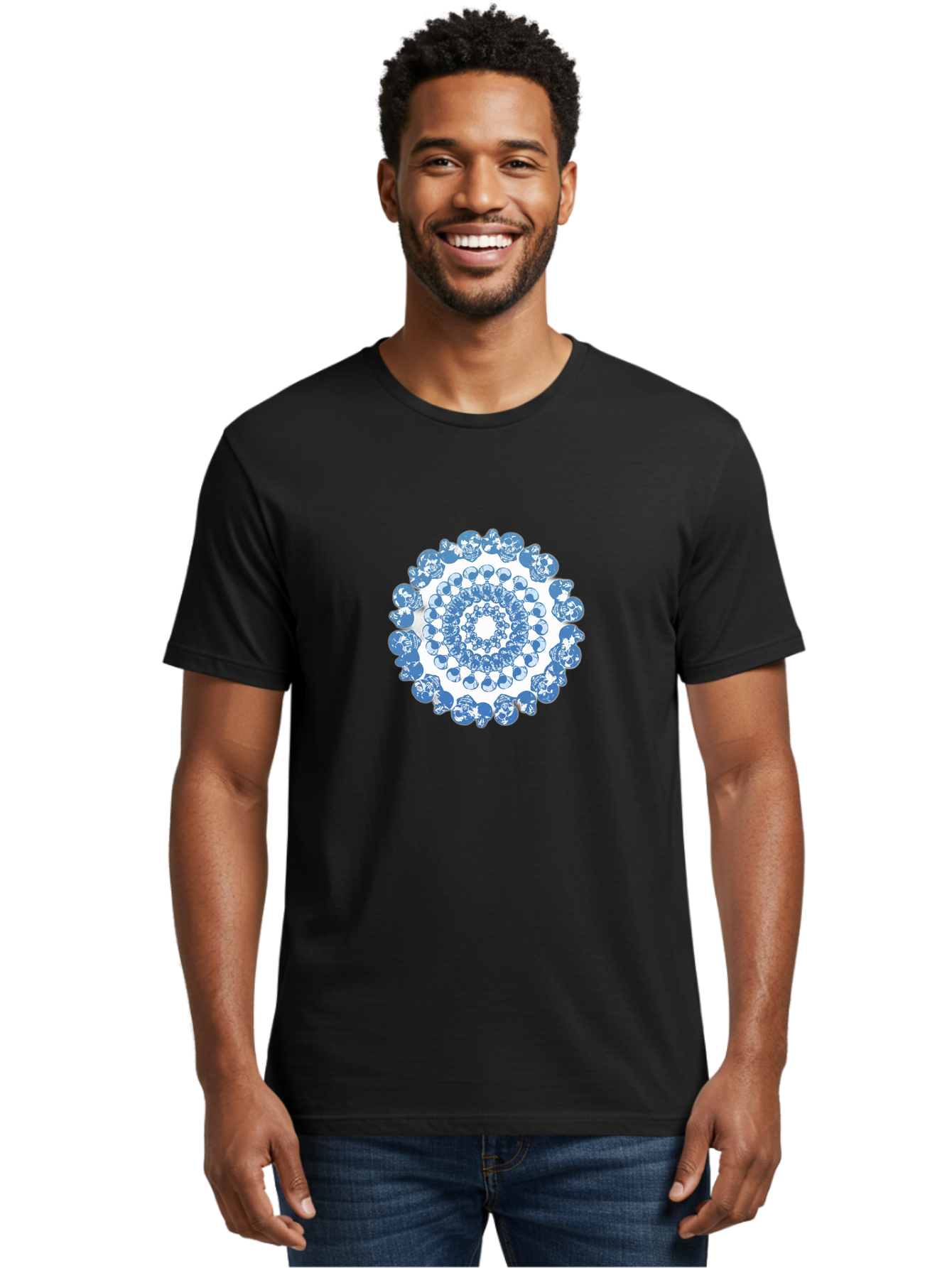 Skull-Mandala-3 Men'S Graphic Tee, 100% Cotton, Comfortable Casual Summer Wear, Machine Washable, Blue And White Mandala, Intricate Illustrations, Stylized Human Heads, Concentric Pattern, Abstract Artwork, Surrealism, Artistic Expression, Bad597