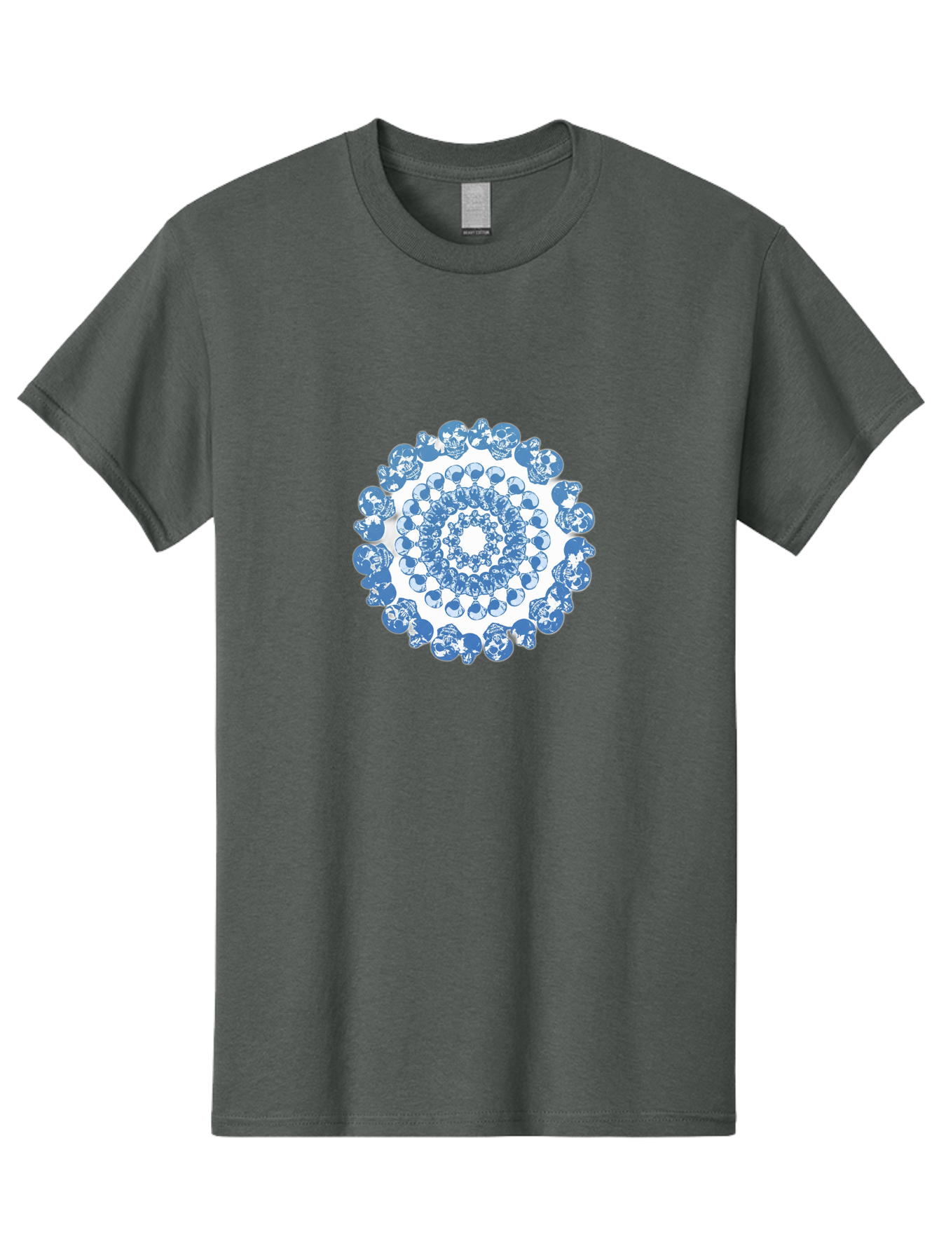 Skull-Mandala-3 Men'S Graphic Tee, 100% Cotton, Comfortable Casual Summer Wear, Machine Washable, Blue And White Mandala, Intricate Illustrations, Stylized Human Heads, Concentric Pattern, Abstract Artwork, Surrealism, Artistic Expression, Bad597