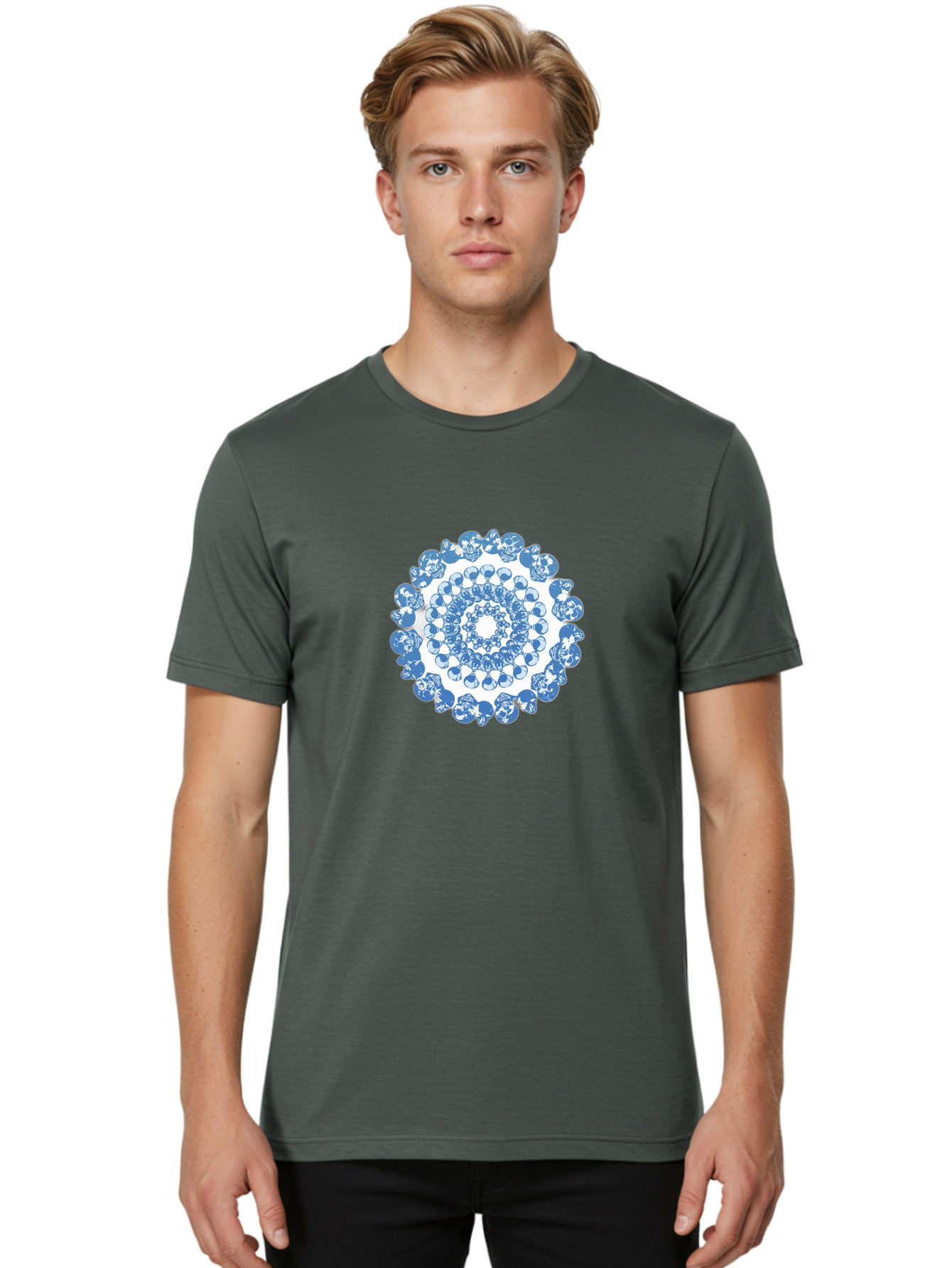 Skull-Mandala-3 Men'S Graphic Tee, 100% Cotton, Comfortable Casual Summer Wear, Machine Washable, Blue And White Mandala, Intricate Illustrations, Stylized Human Heads, Concentric Pattern, Abstract Artwork, Surrealism, Artistic Expression, Bad597