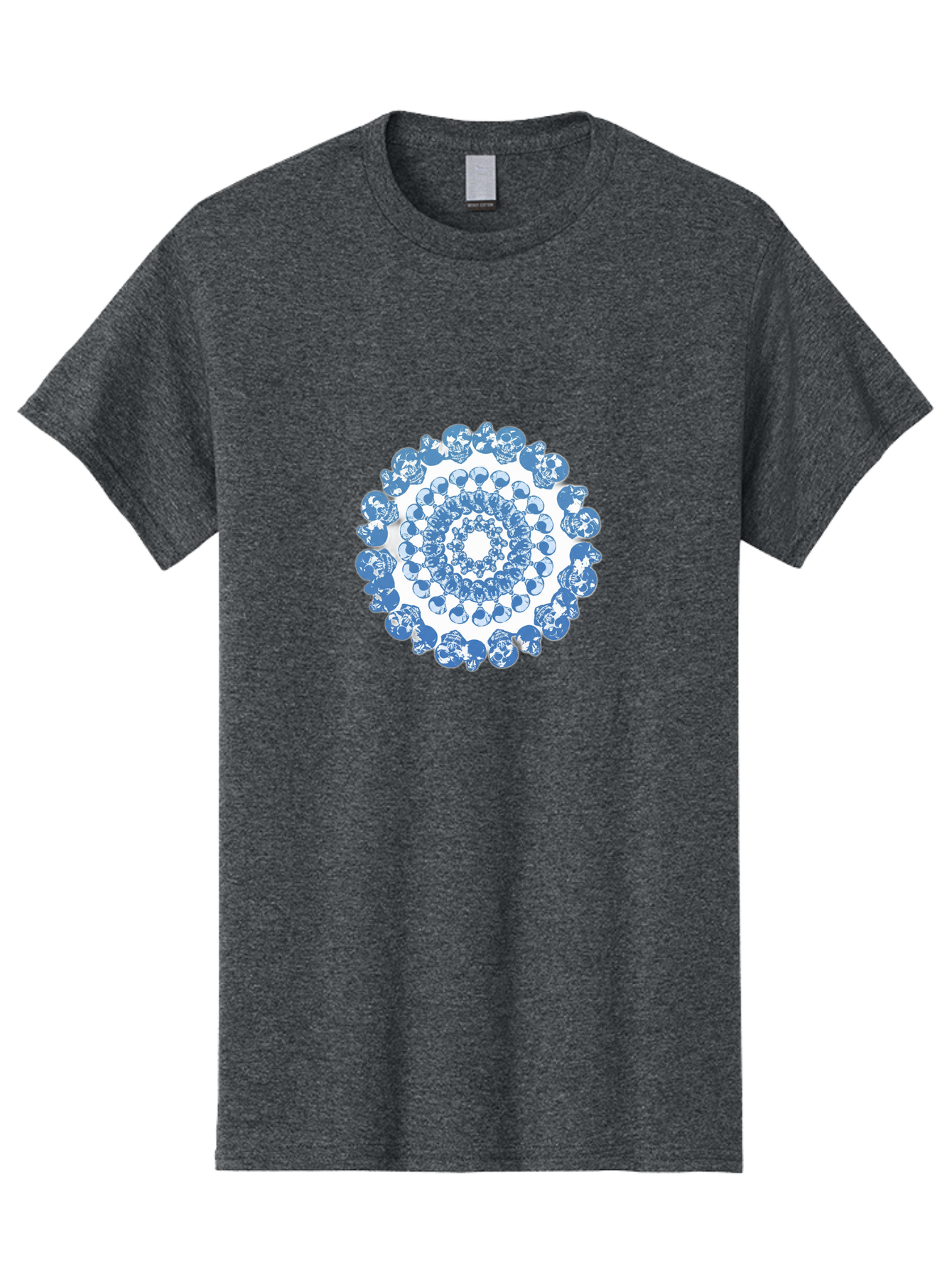 Skull-Mandala-3 Men'S Graphic Tee, 100% Cotton, Comfortable Casual Summer Wear, Machine Washable, Blue And White Mandala, Intricate Illustrations, Stylized Human Heads, Concentric Pattern, Abstract Artwork, Surrealism, Artistic Expression, Bad597