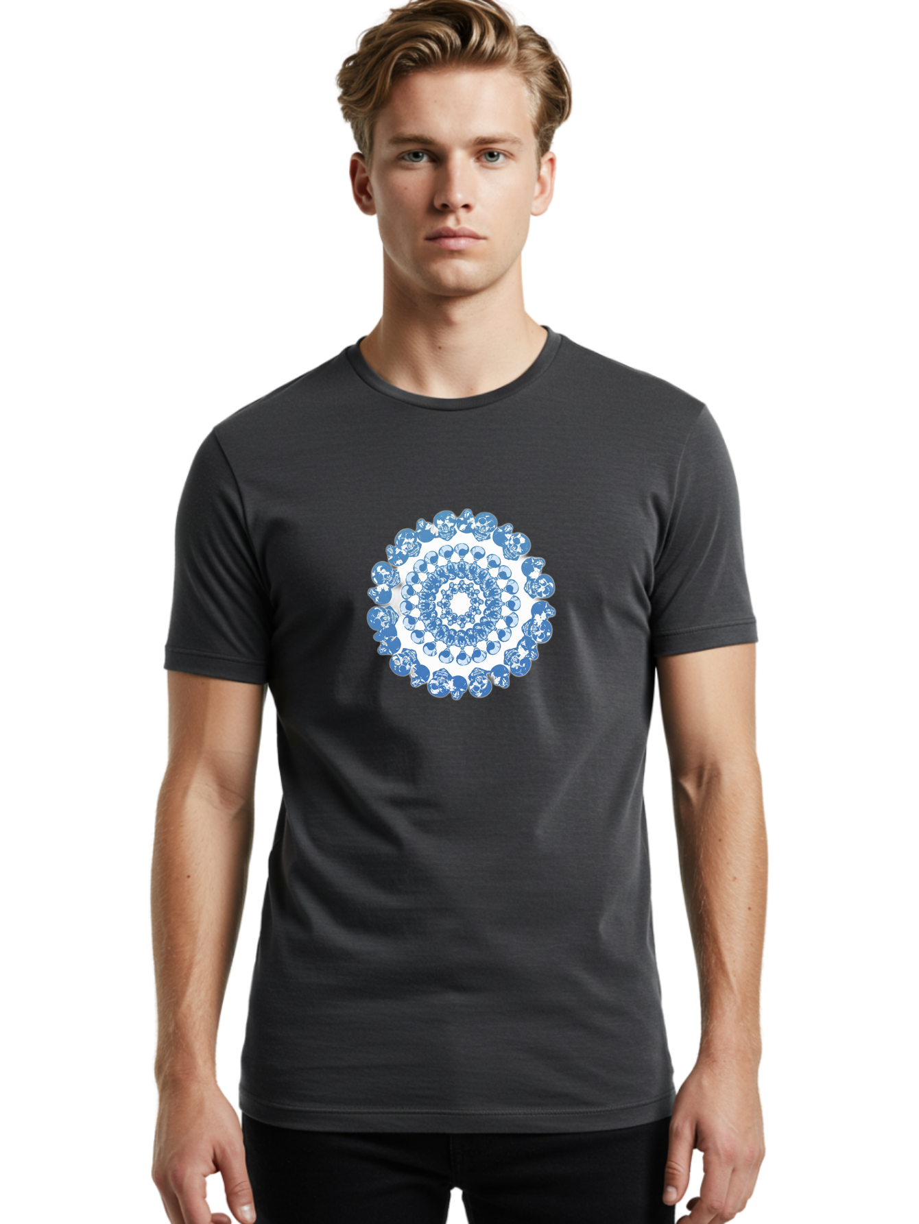 Skull-Mandala-3 Men'S Graphic Tee, 100% Cotton, Comfortable Casual Summer Wear, Machine Washable, Blue And White Mandala, Intricate Illustrations, Stylized Human Heads, Concentric Pattern, Abstract Artwork, Surrealism, Artistic Expression, Bad597