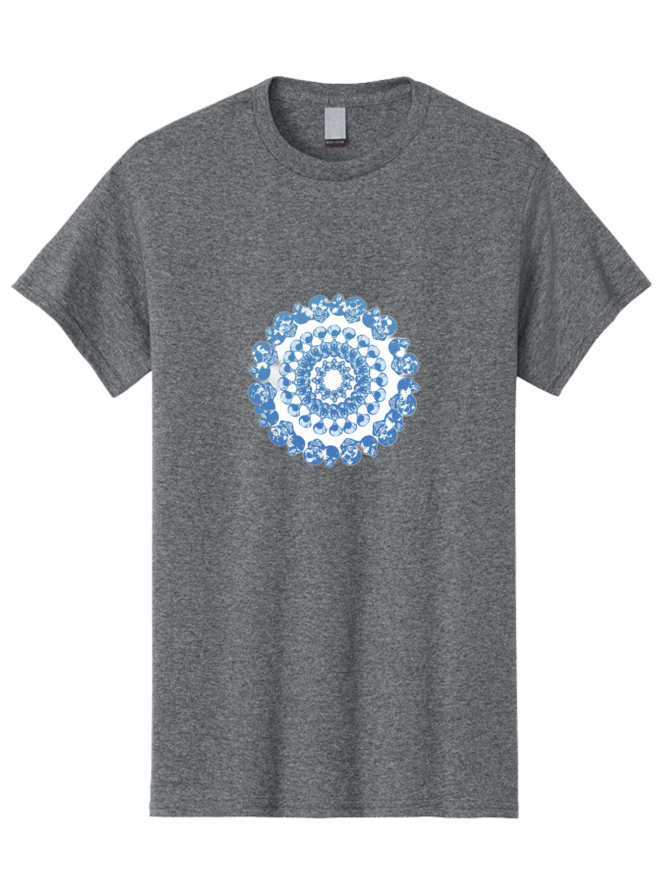 Skull-Mandala-3 Men'S Graphic Tee, 100% Cotton, Comfortable Casual Summer Wear, Machine Washable, Blue And White Mandala, Intricate Illustrations, Stylized Human Heads, Concentric Pattern, Abstract Artwork, Surrealism, Artistic Expression, Bad597