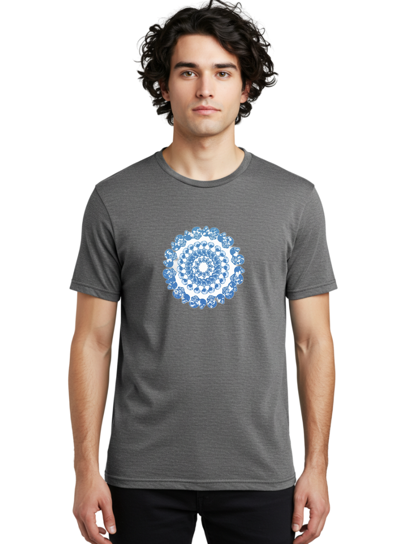 Skull-Mandala-3 Men'S Graphic Tee, 100% Cotton, Comfortable Casual Summer Wear, Machine Washable, Blue And White Mandala, Intricate Illustrations, Stylized Human Heads, Concentric Pattern, Abstract Artwork, Surrealism, Artistic Expression, Bad597