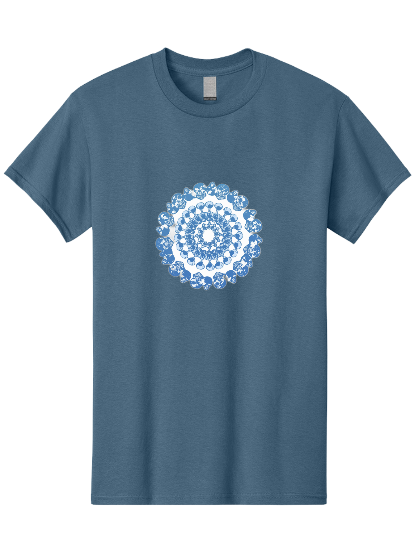 Skull-Mandala-3 Men'S Graphic Tee, 100% Cotton, Comfortable Casual Summer Wear, Machine Washable, Blue And White Mandala, Intricate Illustrations, Stylized Human Heads, Concentric Pattern, Abstract Artwork, Surrealism, Artistic Expression, Bad597