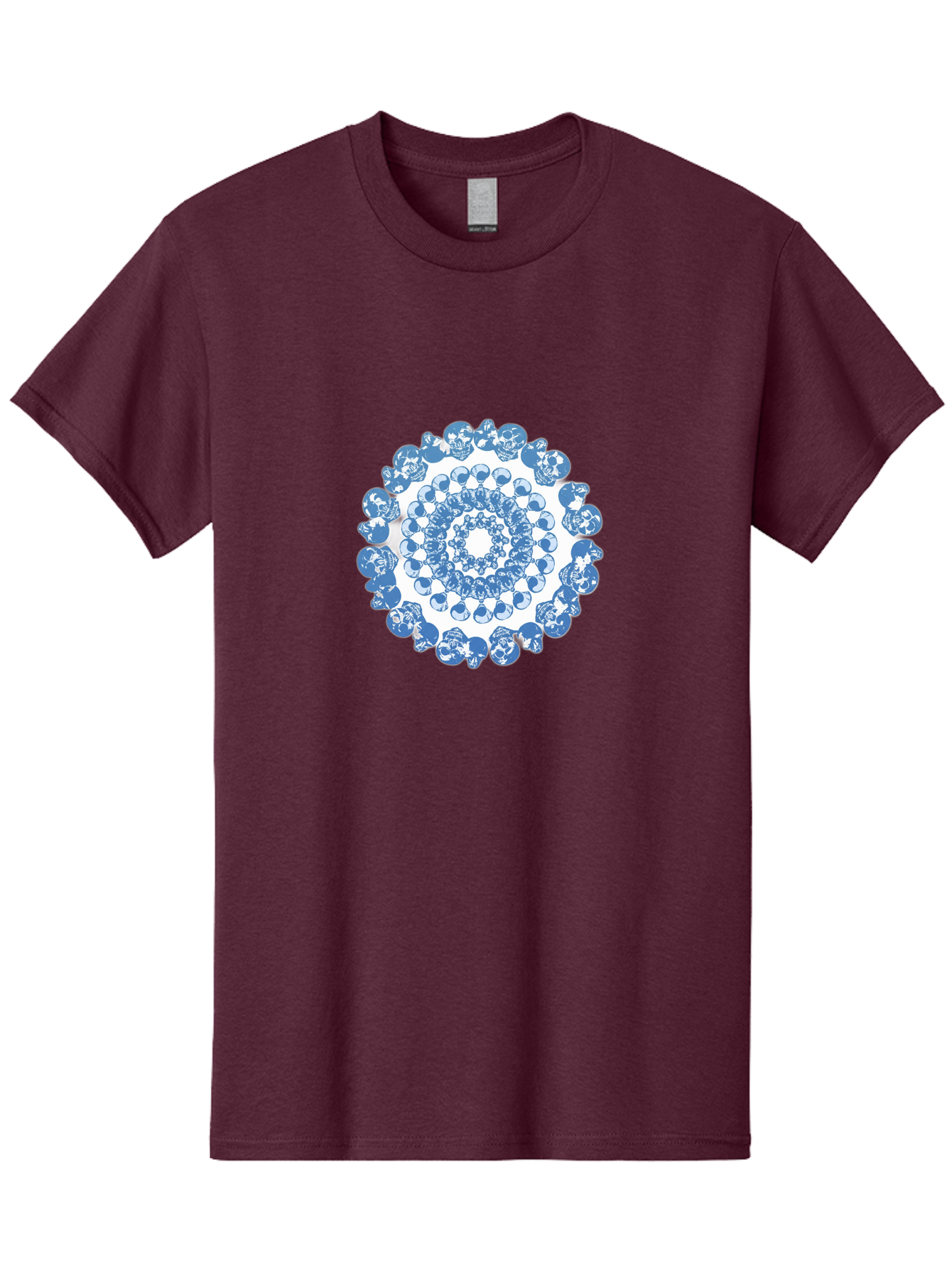 Skull-Mandala-3 Men'S Graphic Tee, 100% Cotton, Comfortable Casual Summer Wear, Machine Washable, Blue And White Mandala, Intricate Illustrations, Stylized Human Heads, Concentric Pattern, Abstract Artwork, Surrealism, Artistic Expression, Bad597