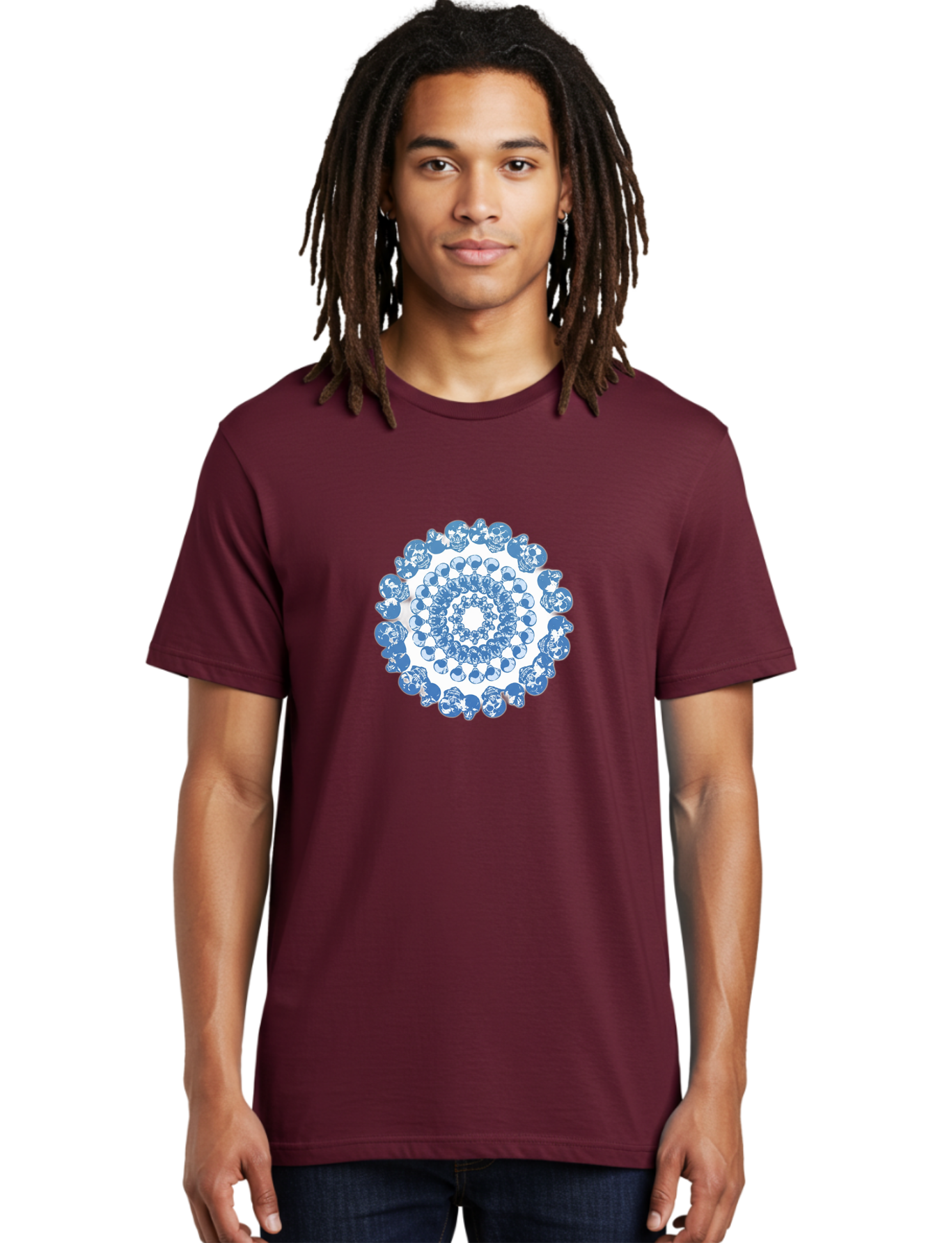 Skull-Mandala-3 Men'S Graphic Tee, 100% Cotton, Comfortable Casual Summer Wear, Machine Washable, Blue And White Mandala, Intricate Illustrations, Stylized Human Heads, Concentric Pattern, Abstract Artwork, Surrealism, Artistic Expression, Bad597