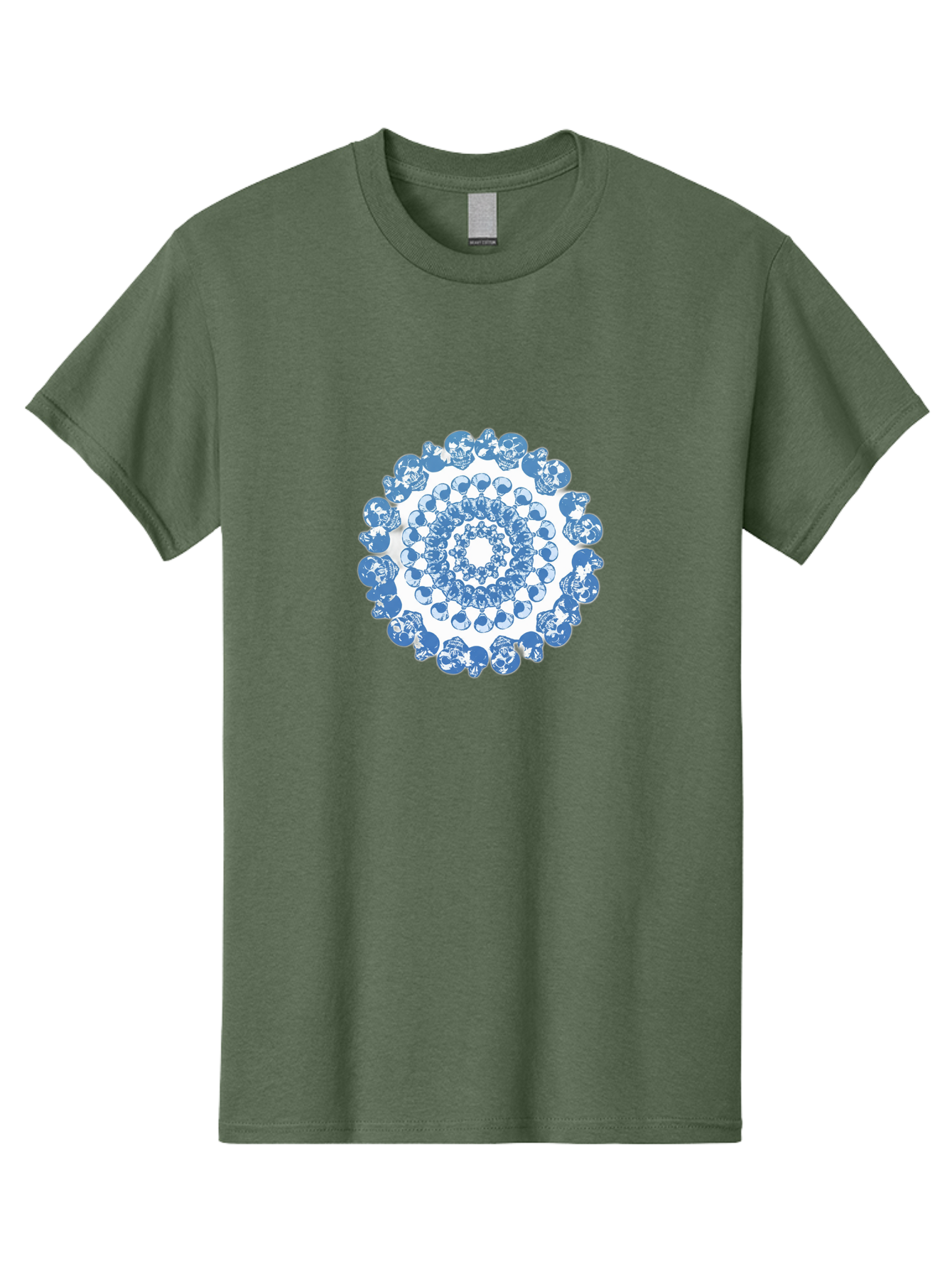Skull-Mandala-3 Men'S Graphic Tee, 100% Cotton, Comfortable Casual Summer Wear, Machine Washable, Blue And White Mandala, Intricate Illustrations, Stylized Human Heads, Concentric Pattern, Abstract Artwork, Surrealism, Artistic Expression, Bad597