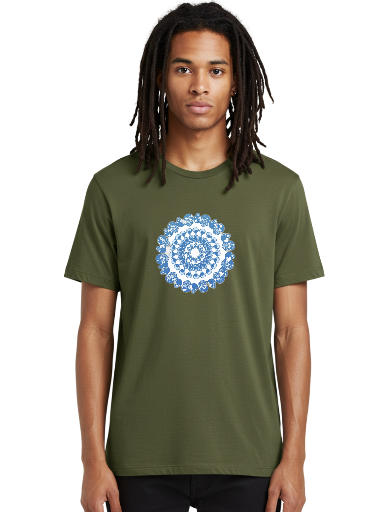 Skull-Mandala-3 Men'S Graphic Tee, 100% Cotton, Comfortable Casual Summer Wear, Machine Washable, Blue And White Mandala, Intricate Illustrations, Stylized Human Heads, Concentric Pattern, Abstract Artwork, Surrealism, Artistic Expression, Bad597