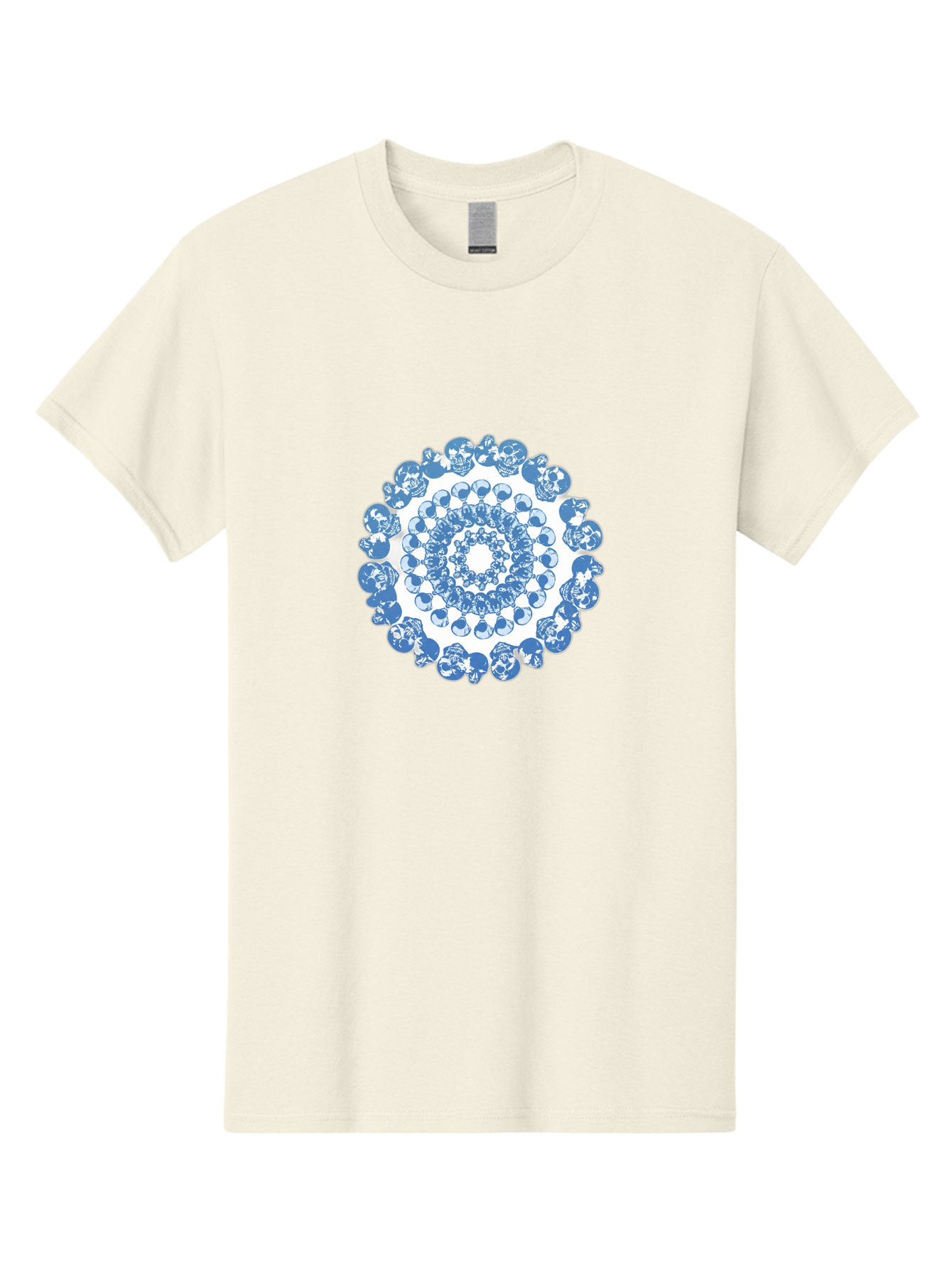 Skull-Mandala-3 Men'S Graphic Tee, 100% Cotton, Comfortable Casual Summer Wear, Machine Washable, Blue And White Mandala, Intricate Illustrations, Stylized Human Heads, Concentric Pattern, Abstract Artwork, Surrealism, Artistic Expression, Bad597