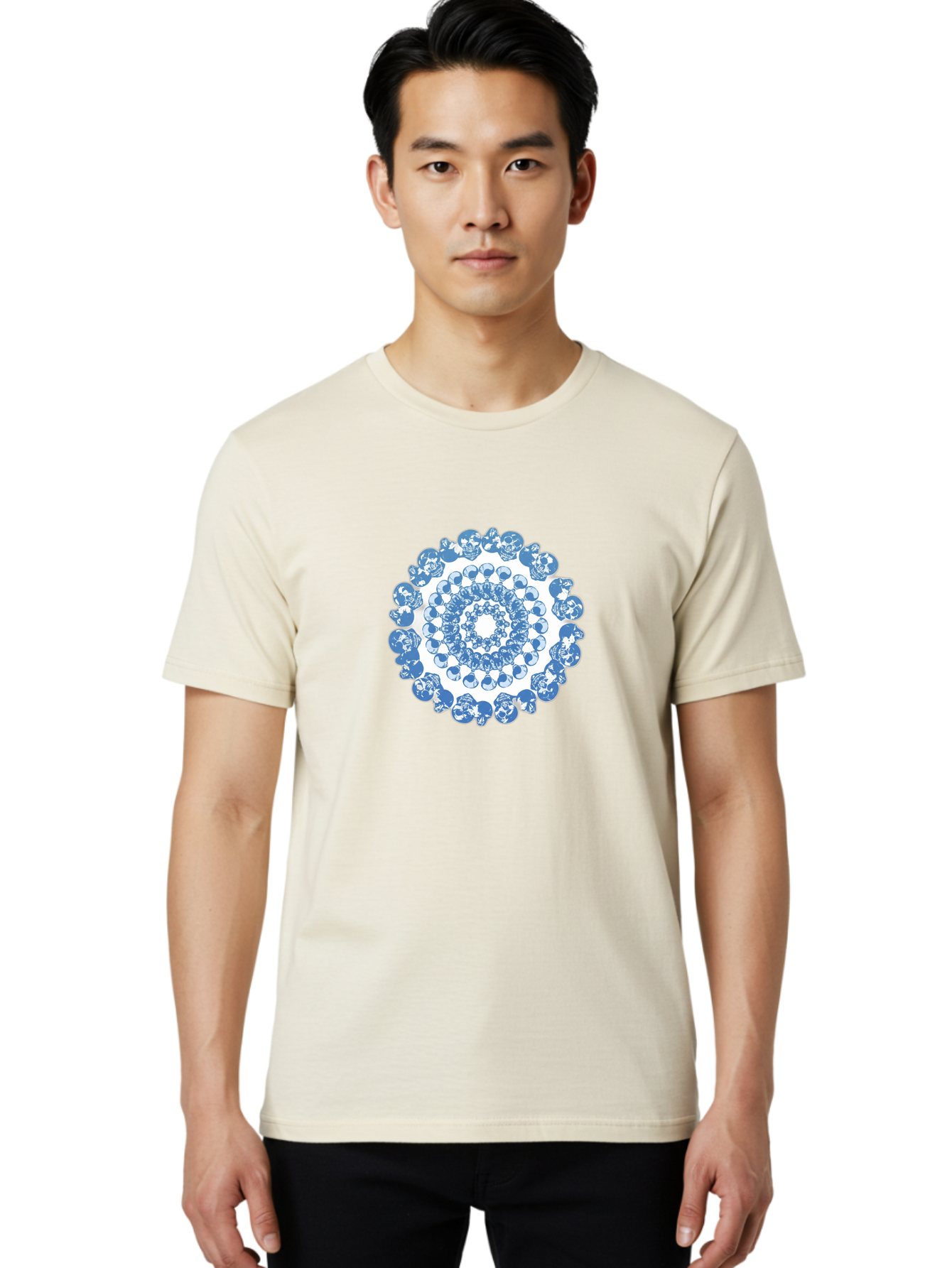 Skull-Mandala-3 Men'S Graphic Tee, 100% Cotton, Comfortable Casual Summer Wear, Machine Washable, Blue And White Mandala, Intricate Illustrations, Stylized Human Heads, Concentric Pattern, Abstract Artwork, Surrealism, Artistic Expression, Bad597