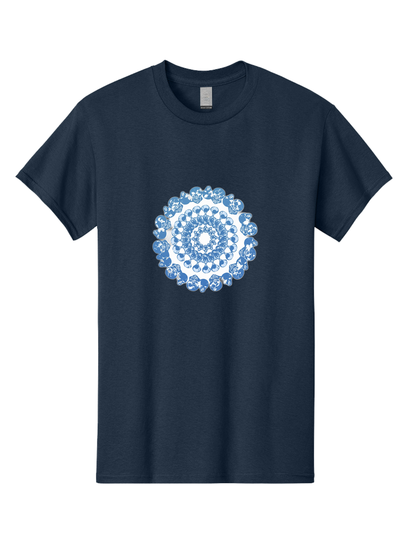 Skull-Mandala-3 Men'S Graphic Tee, 100% Cotton, Comfortable Casual Summer Wear, Machine Washable, Blue And White Mandala, Intricate Illustrations, Stylized Human Heads, Concentric Pattern, Abstract Artwork, Surrealism, Artistic Expression, Bad597