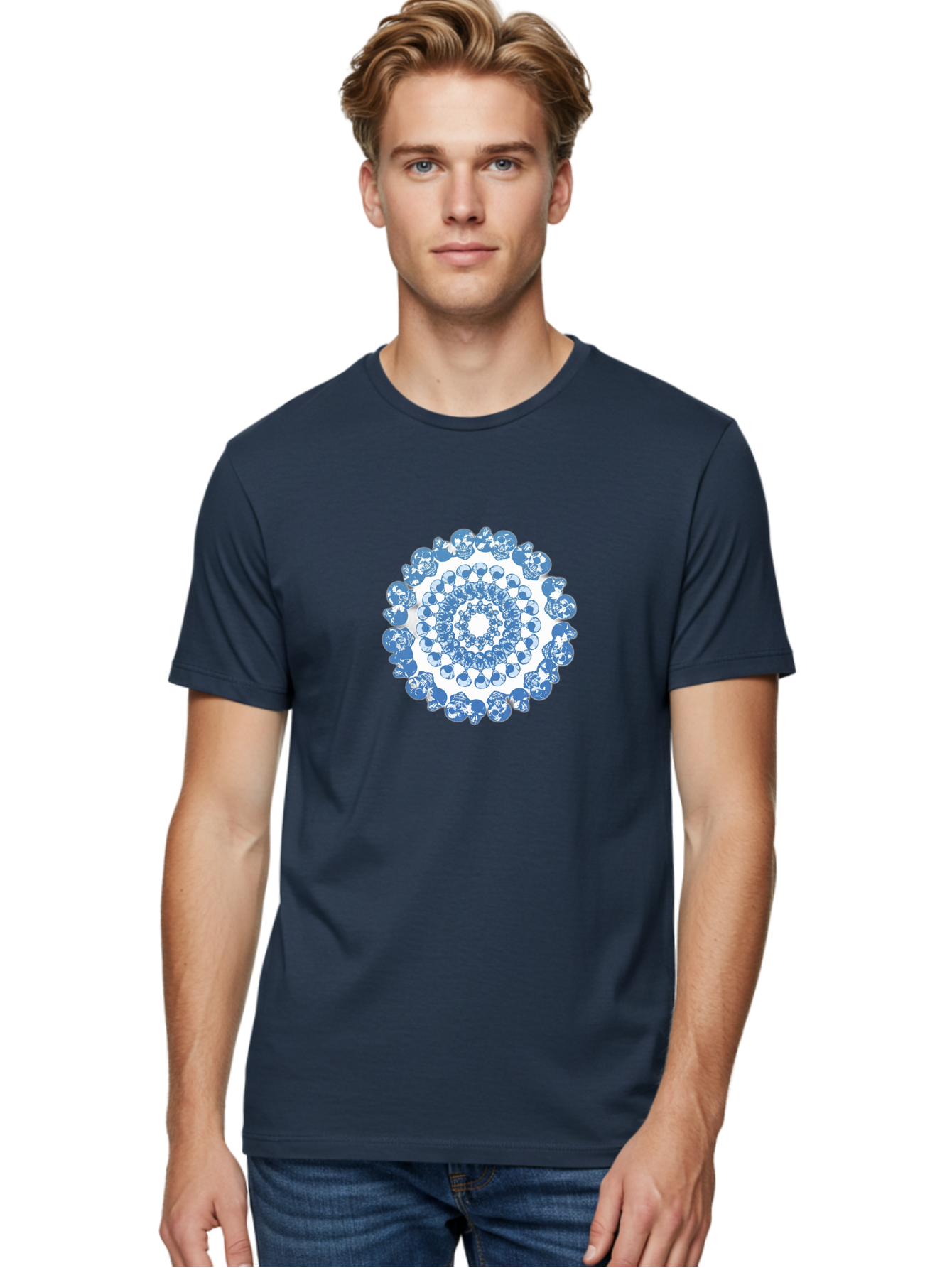Skull-Mandala-3 Men'S Graphic Tee, 100% Cotton, Comfortable Casual Summer Wear, Machine Washable, Blue And White Mandala, Intricate Illustrations, Stylized Human Heads, Concentric Pattern, Abstract Artwork, Surrealism, Artistic Expression, Bad597