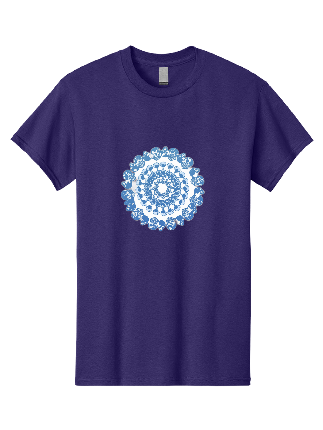 Skull-Mandala-3 Men'S Graphic Tee, 100% Cotton, Comfortable Casual Summer Wear, Machine Washable, Blue And White Mandala, Intricate Illustrations, Stylized Human Heads, Concentric Pattern, Abstract Artwork, Surrealism, Artistic Expression, Bad597