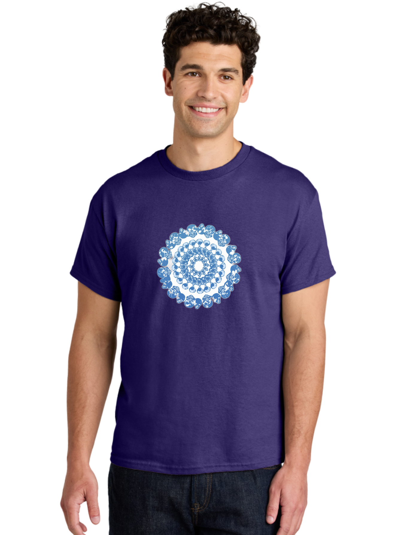 Skull-Mandala-3 Men'S Graphic Tee, 100% Cotton, Comfortable Casual Summer Wear, Machine Washable, Blue And White Mandala, Intricate Illustrations, Stylized Human Heads, Concentric Pattern, Abstract Artwork, Surrealism, Artistic Expression, Bad597