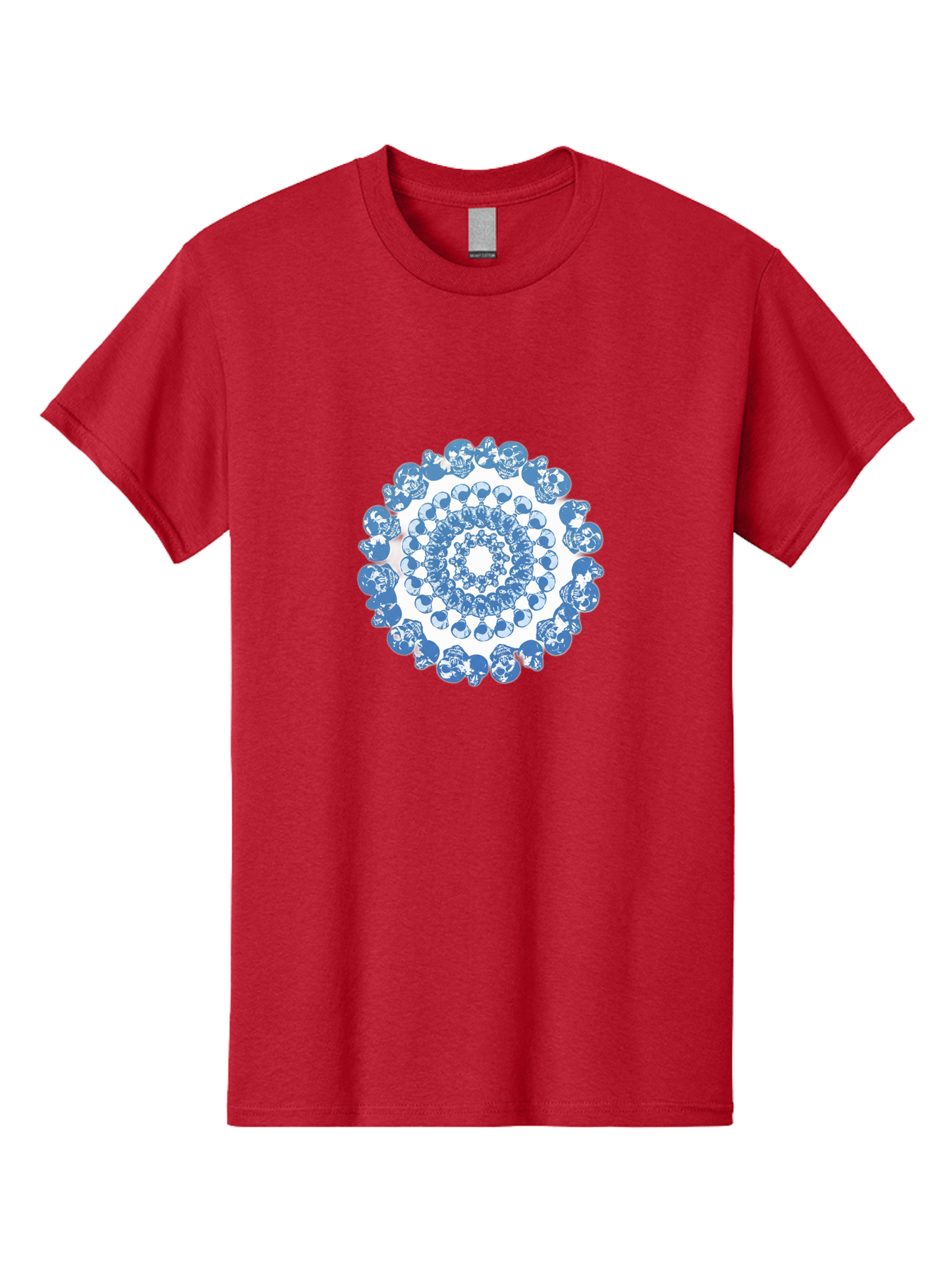 Skull-Mandala-3 Men'S Graphic Tee, 100% Cotton, Comfortable Casual Summer Wear, Machine Washable, Blue And White Mandala, Intricate Illustrations, Stylized Human Heads, Concentric Pattern, Abstract Artwork, Surrealism, Artistic Expression, Bad597