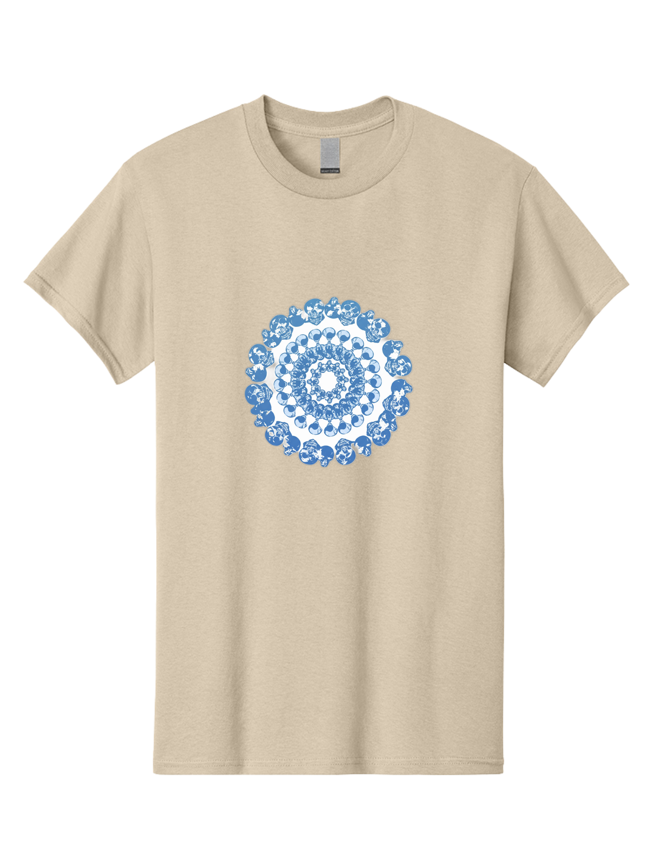 Skull-Mandala-3 Men'S Graphic Tee, 100% Cotton, Comfortable Casual Summer Wear, Machine Washable, Blue And White Mandala, Intricate Illustrations, Stylized Human Heads, Concentric Pattern, Abstract Artwork, Surrealism, Artistic Expression, Bad597