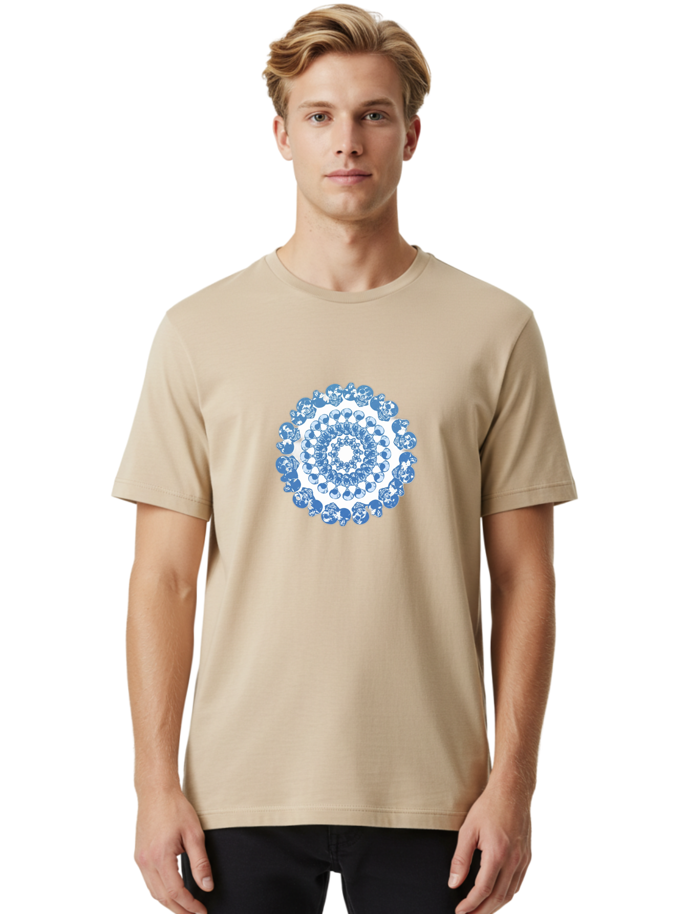 Skull-Mandala-3 Men'S Graphic Tee, 100% Cotton, Comfortable Casual Summer Wear, Machine Washable, Blue And White Mandala, Intricate Illustrations, Stylized Human Heads, Concentric Pattern, Abstract Artwork, Surrealism, Artistic Expression, Bad597