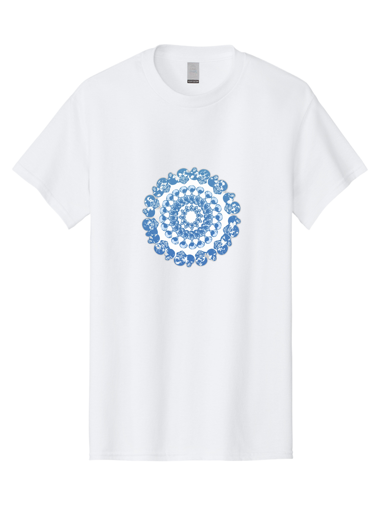 Skull-Mandala-3 Men'S Graphic Tee, 100% Cotton, Comfortable Casual Summer Wear, Machine Washable, Blue And White Mandala, Intricate Illustrations, Stylized Human Heads, Concentric Pattern, Abstract Artwork, Surrealism, Artistic Expression, Bad597